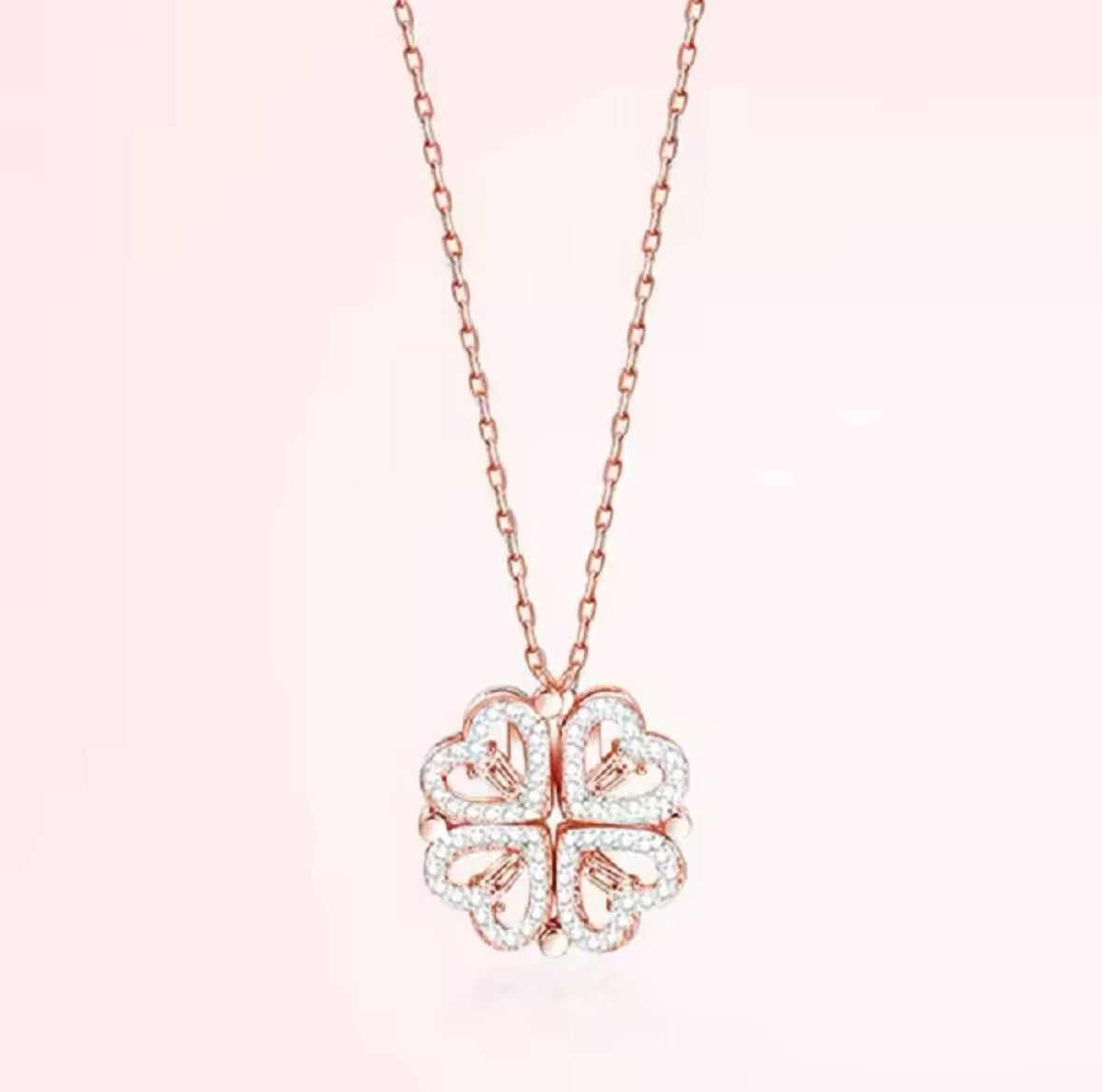 Retro Magnetic Folding Heart Shaped Four Leaf Clover Pendant Necklace Chain Openable Jewelry