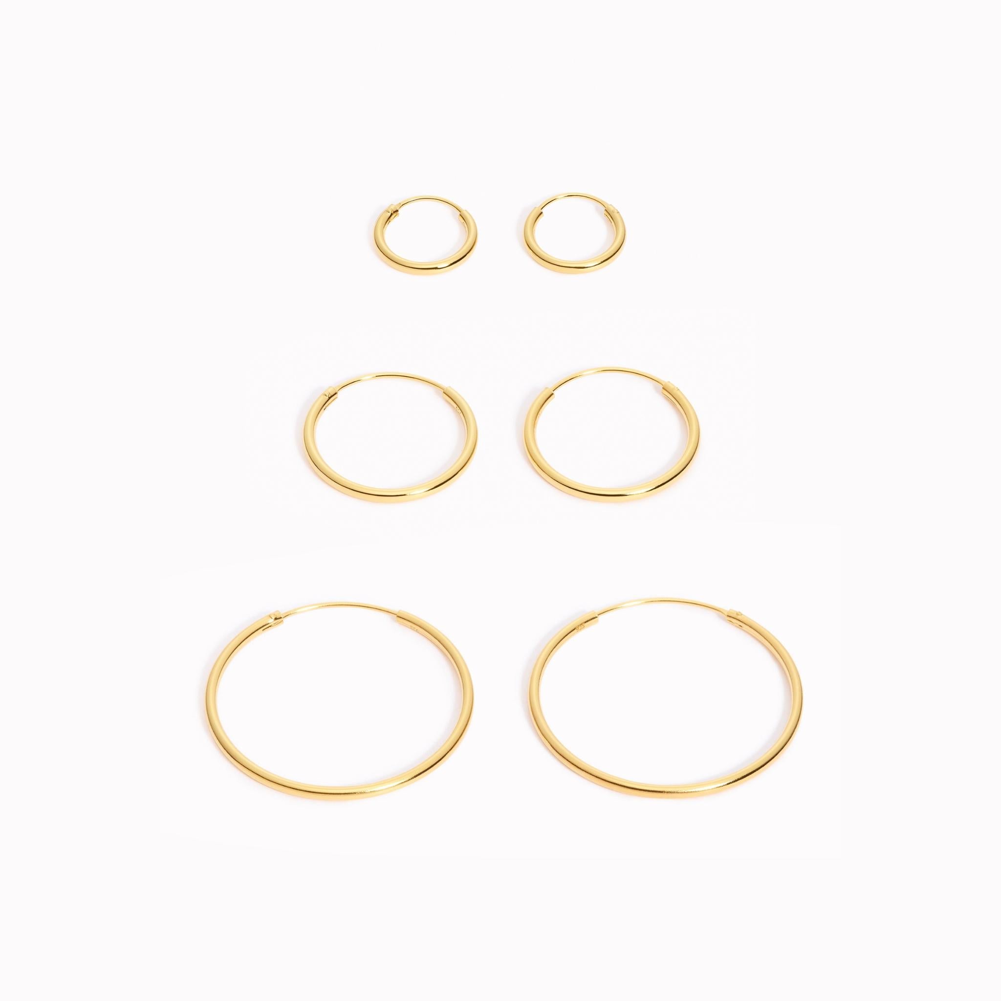 14K Gold Trio Hoop Earrings Set - 12mm/20mm/30mm