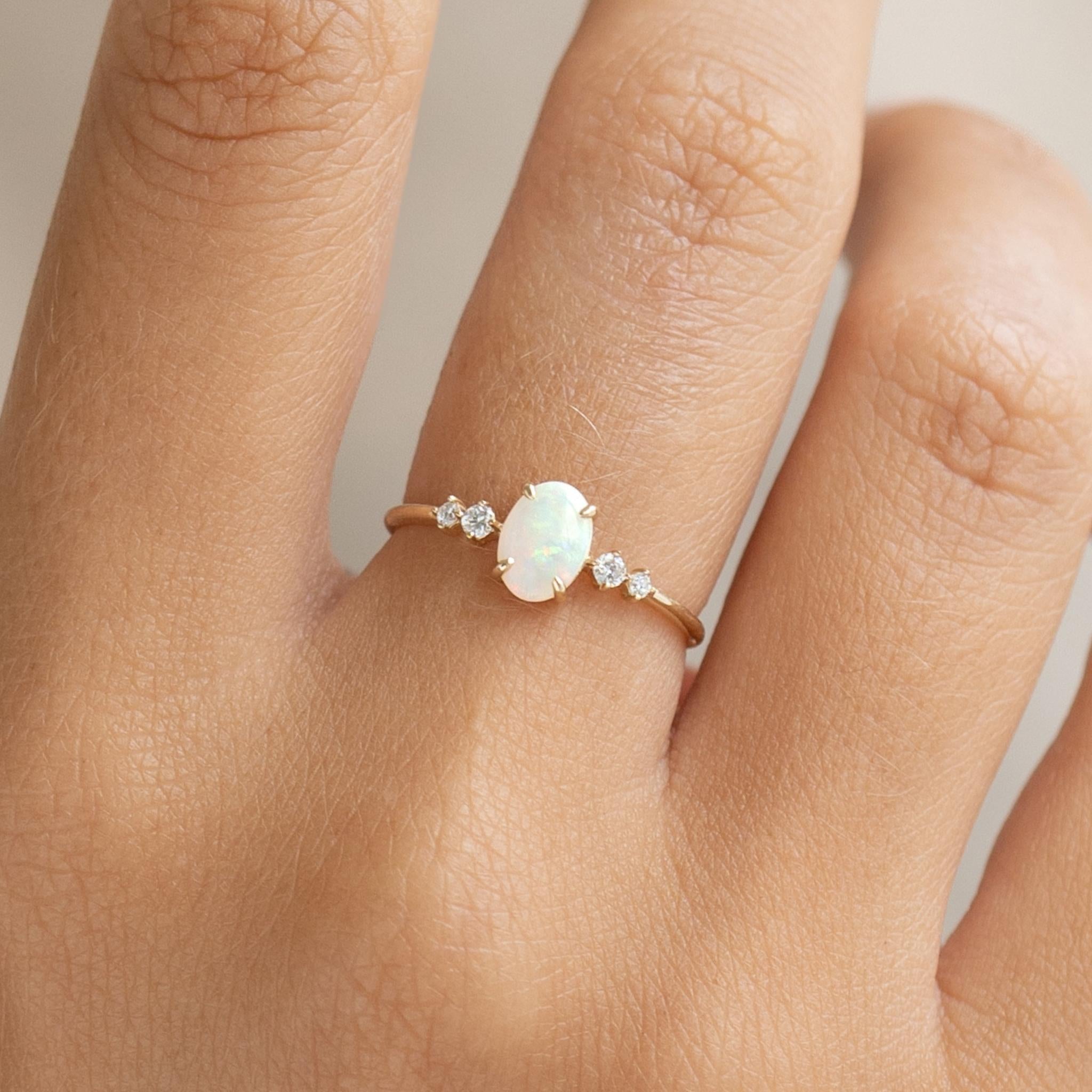 14K Gold Opal Cabochon Diamond Accent Ring