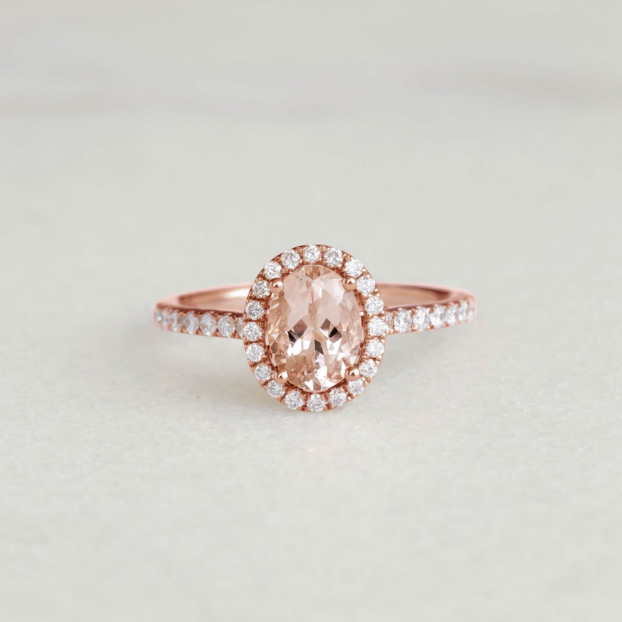 14K Rose Gold Oval Morganite Halo Ring