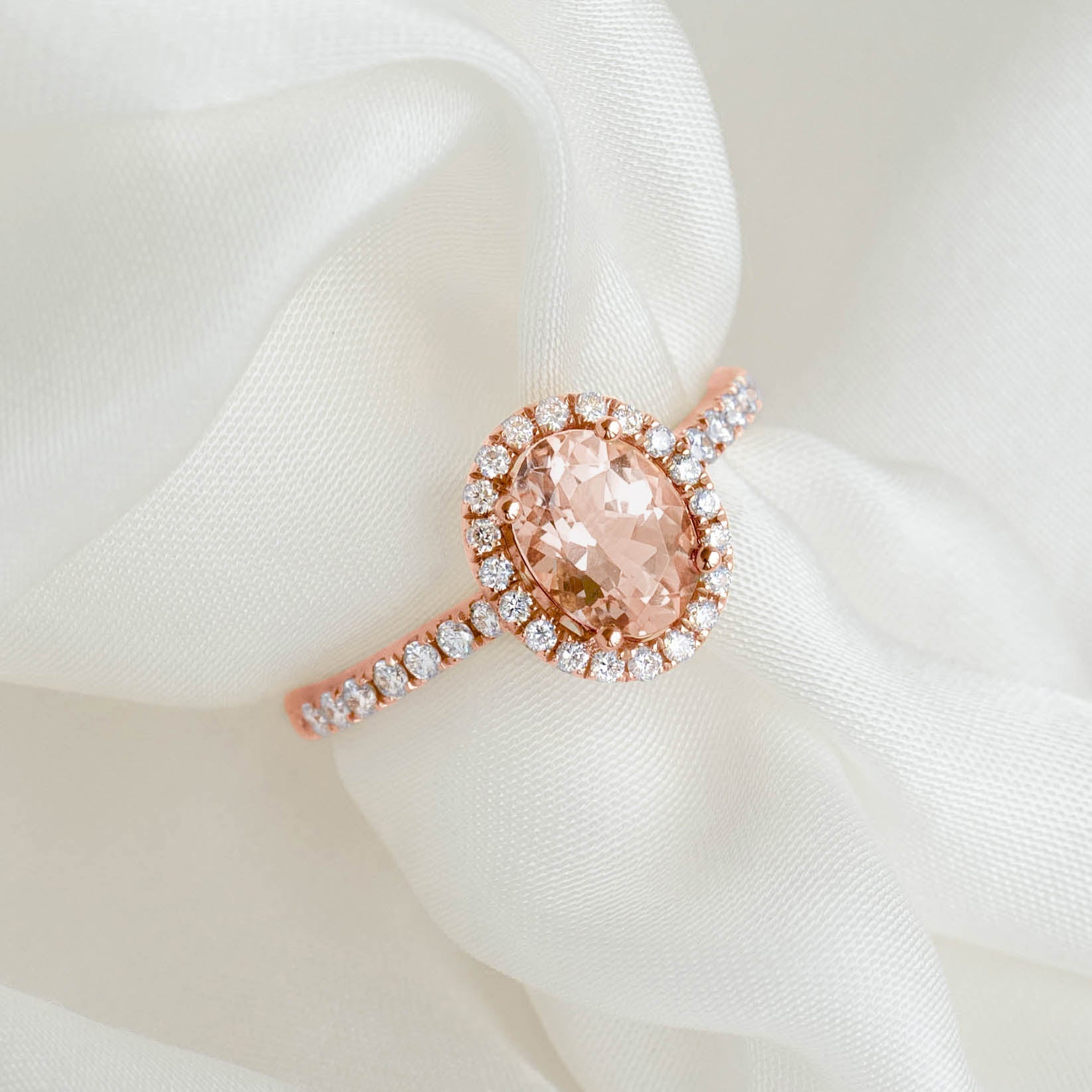 14K Rose Gold Oval Morganite Halo Ring