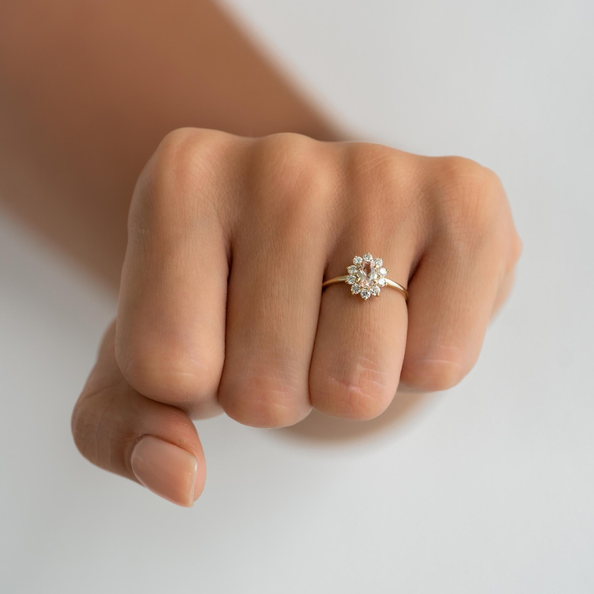 14K Gold Oval Morganite Diamond Halo Ring