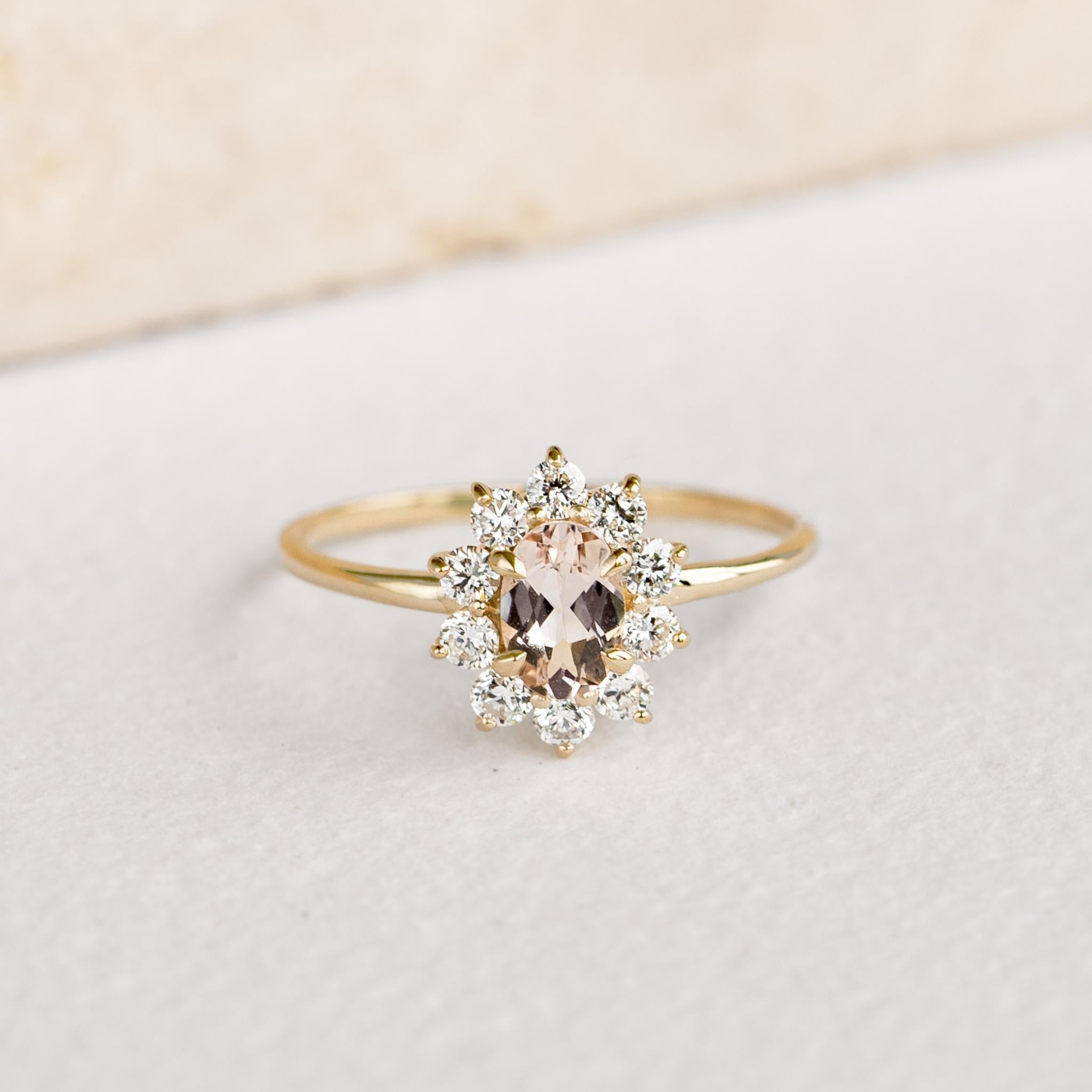 14K Gold Oval Morganite Diamond Halo Ring