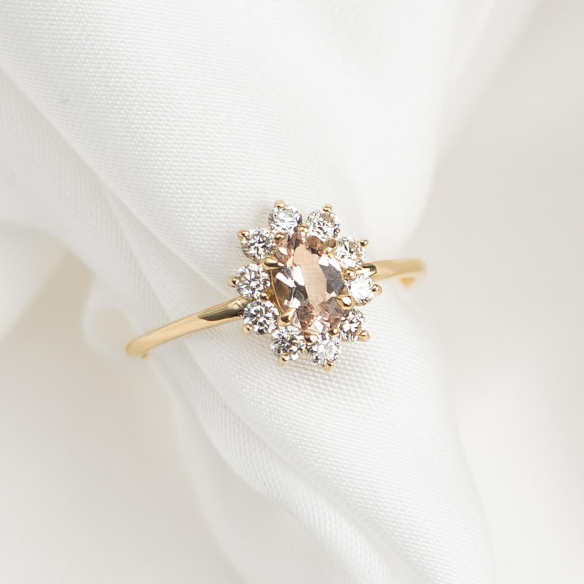 14K Gold Oval Morganite Diamond Halo Ring