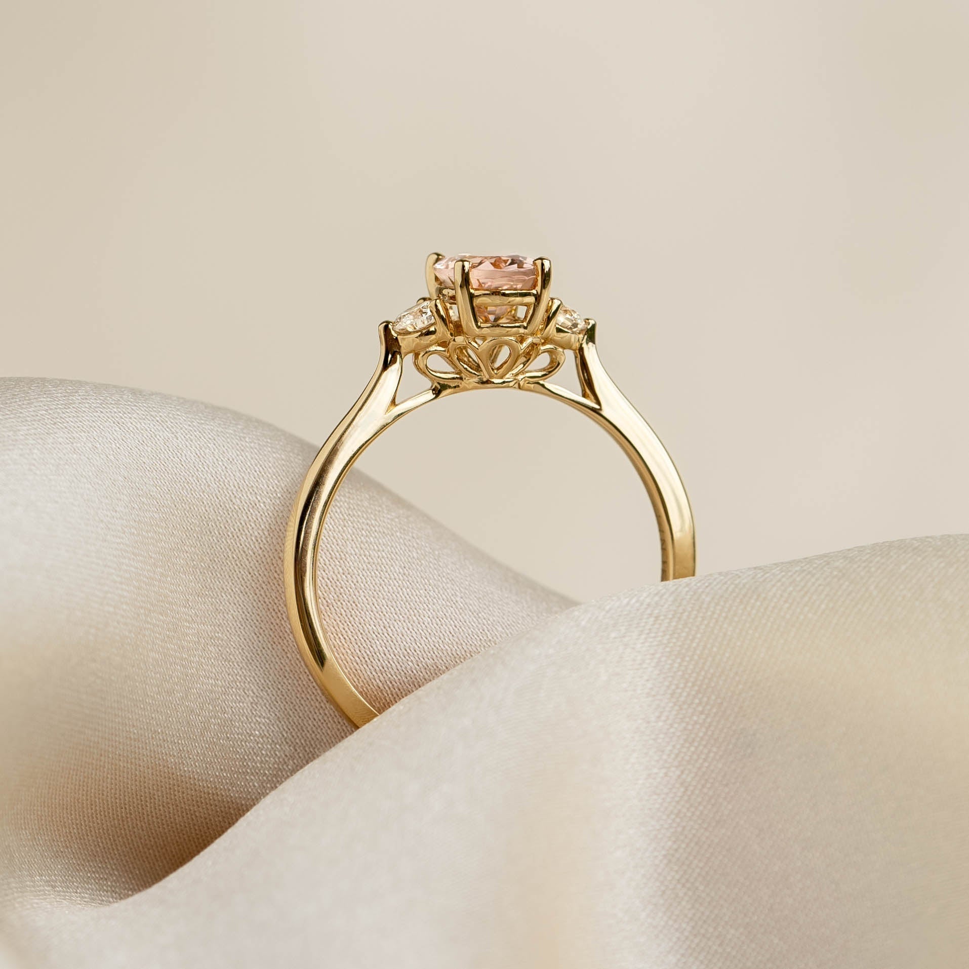 14K Gold Oval Morganite Diamond Accent Cathedral Ring