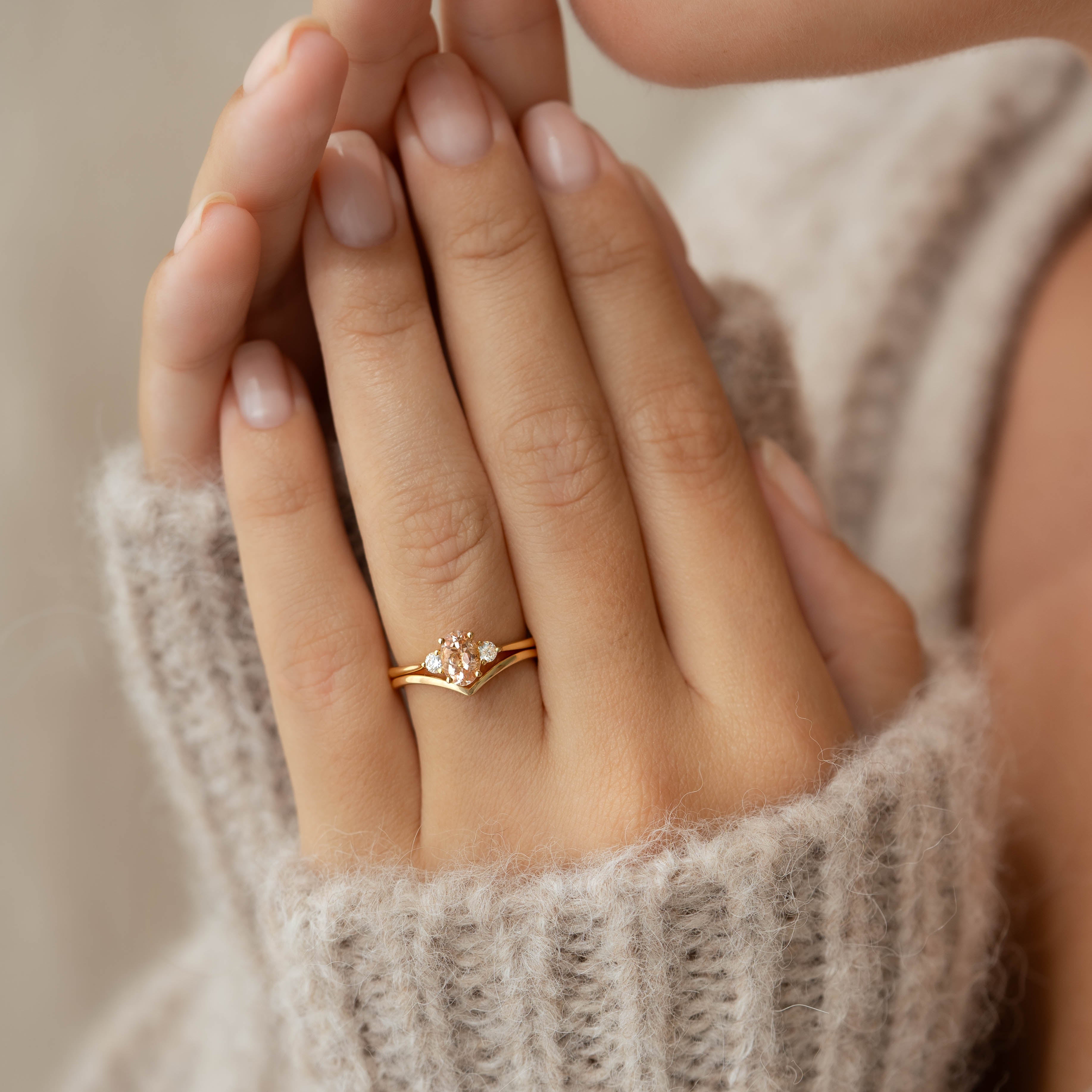 14K Gold Oval Morganite Diamond Accent Cathedral Ring