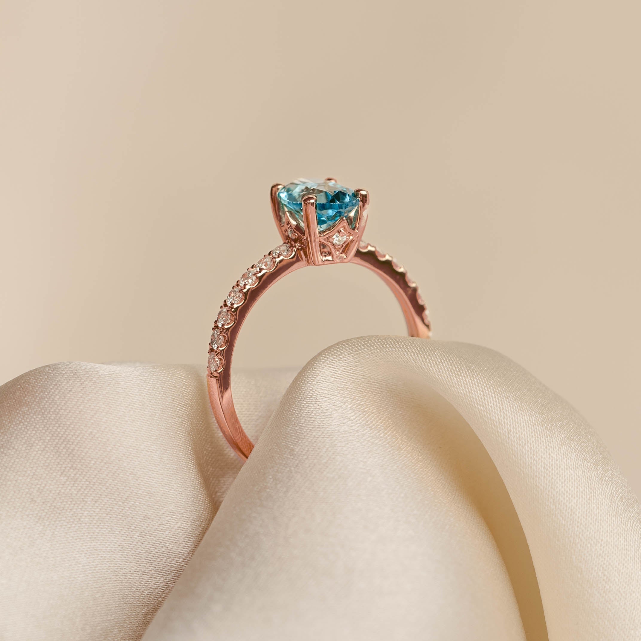 14K Rose Gold Oval Blue Topaz and Diamond Ring