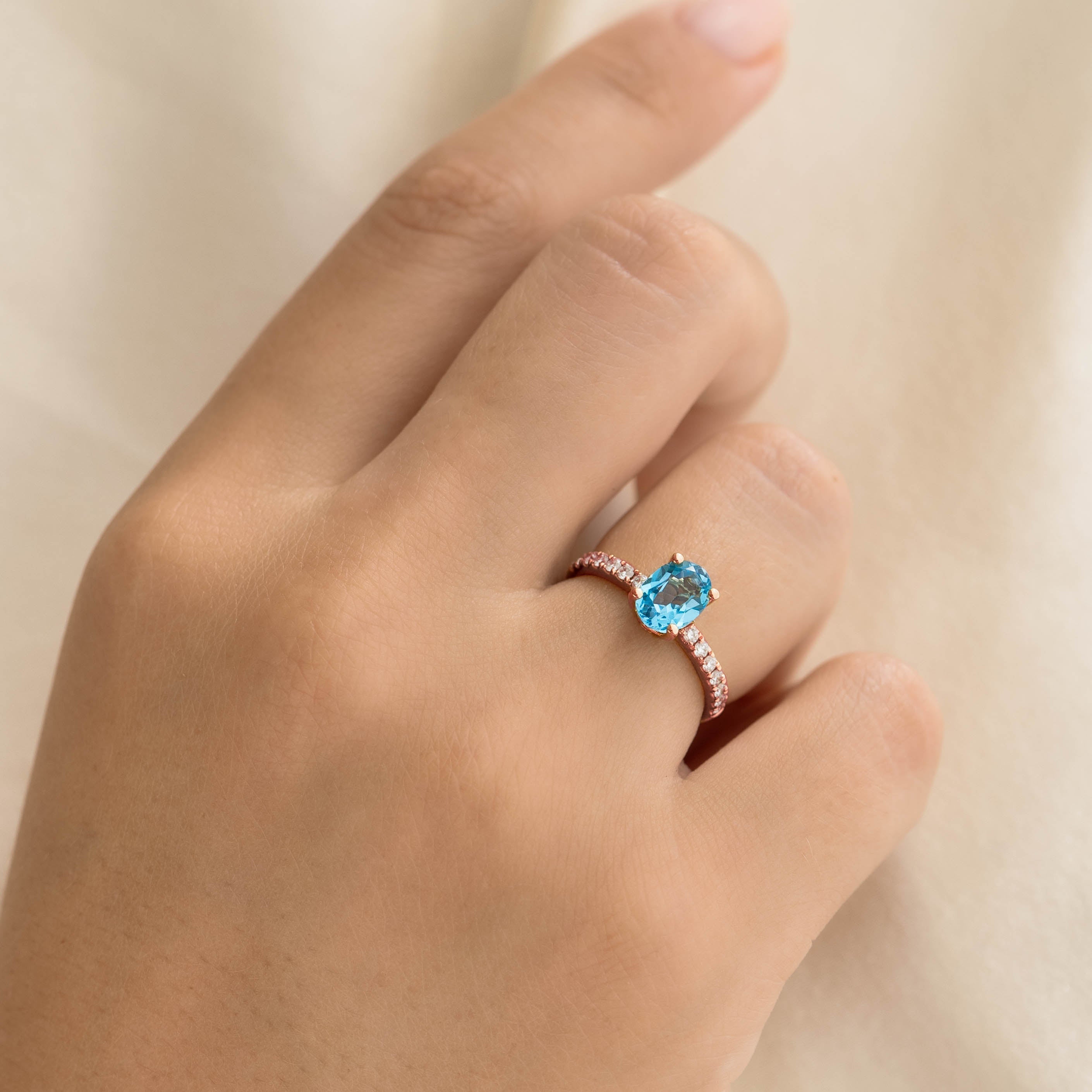 14K Rose Gold Oval Blue Topaz and Diamond Ring