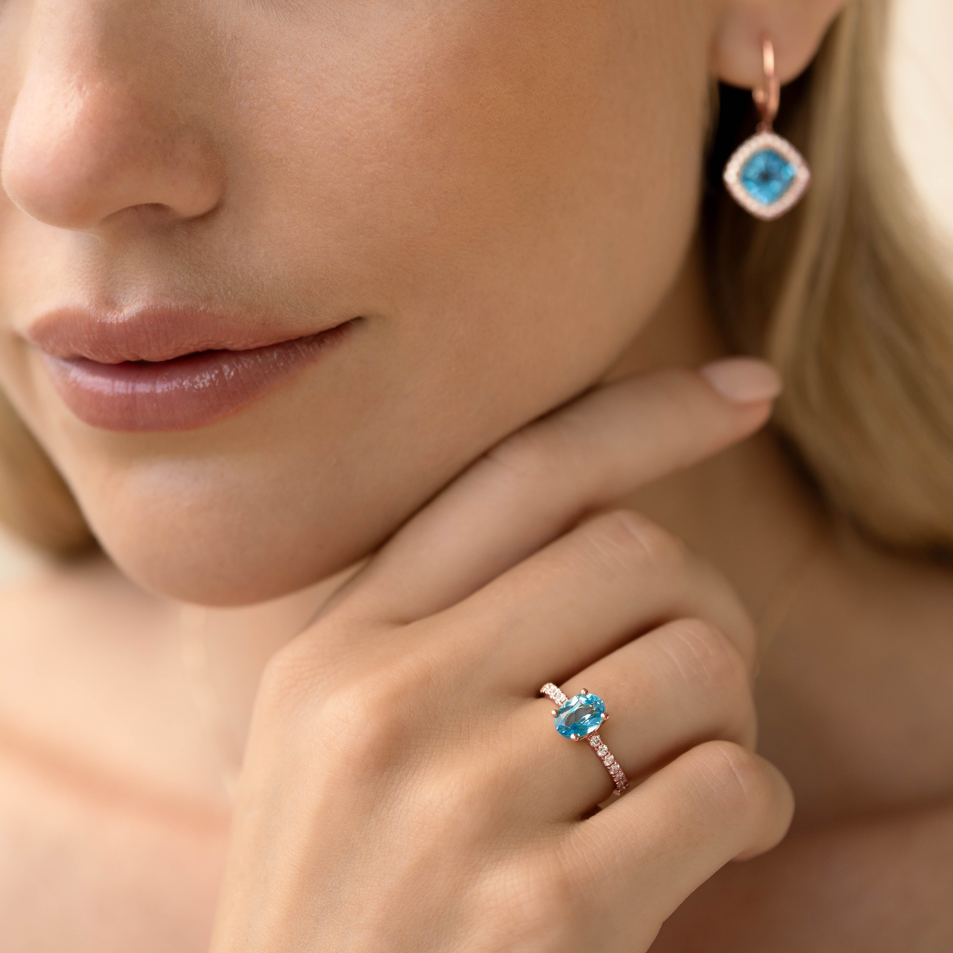 14K Rose Gold Oval Blue Topaz and Diamond Ring