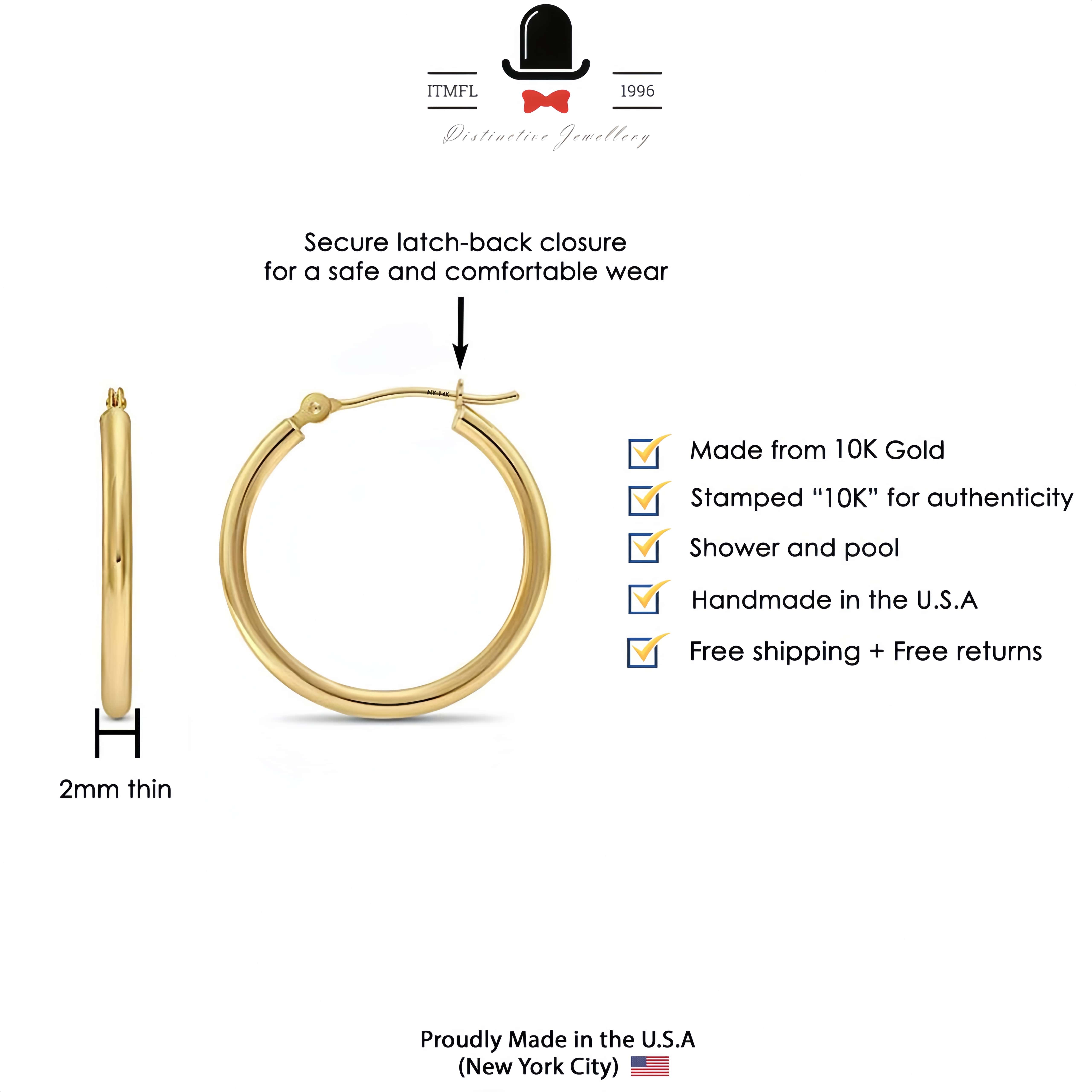 10K Yellow Gold Classic Round Hoop Earrings. 2mm Thin. All Sizes Available