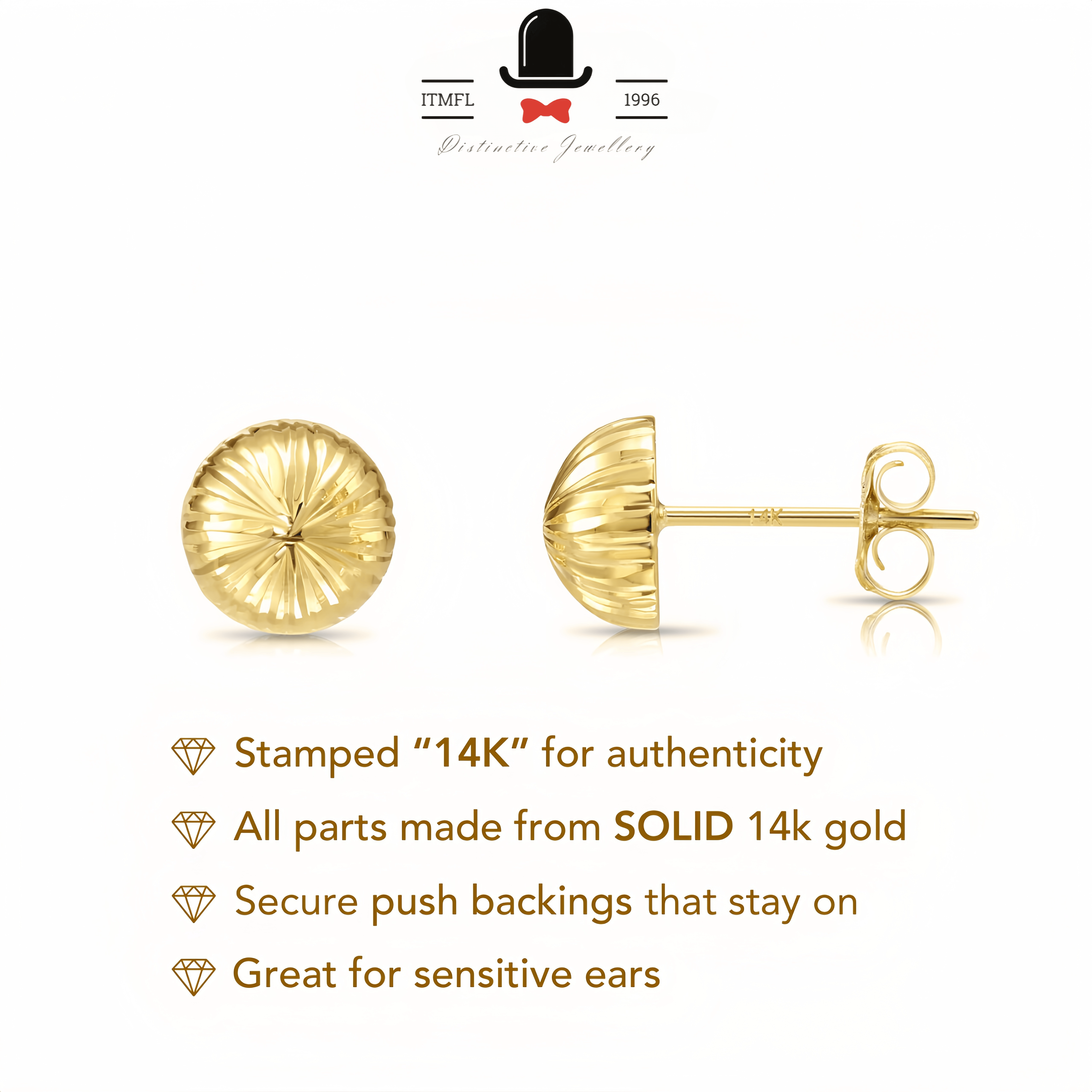 14K Gold Diamond-Cut Half Ball Stud Earrings With Pushbacks