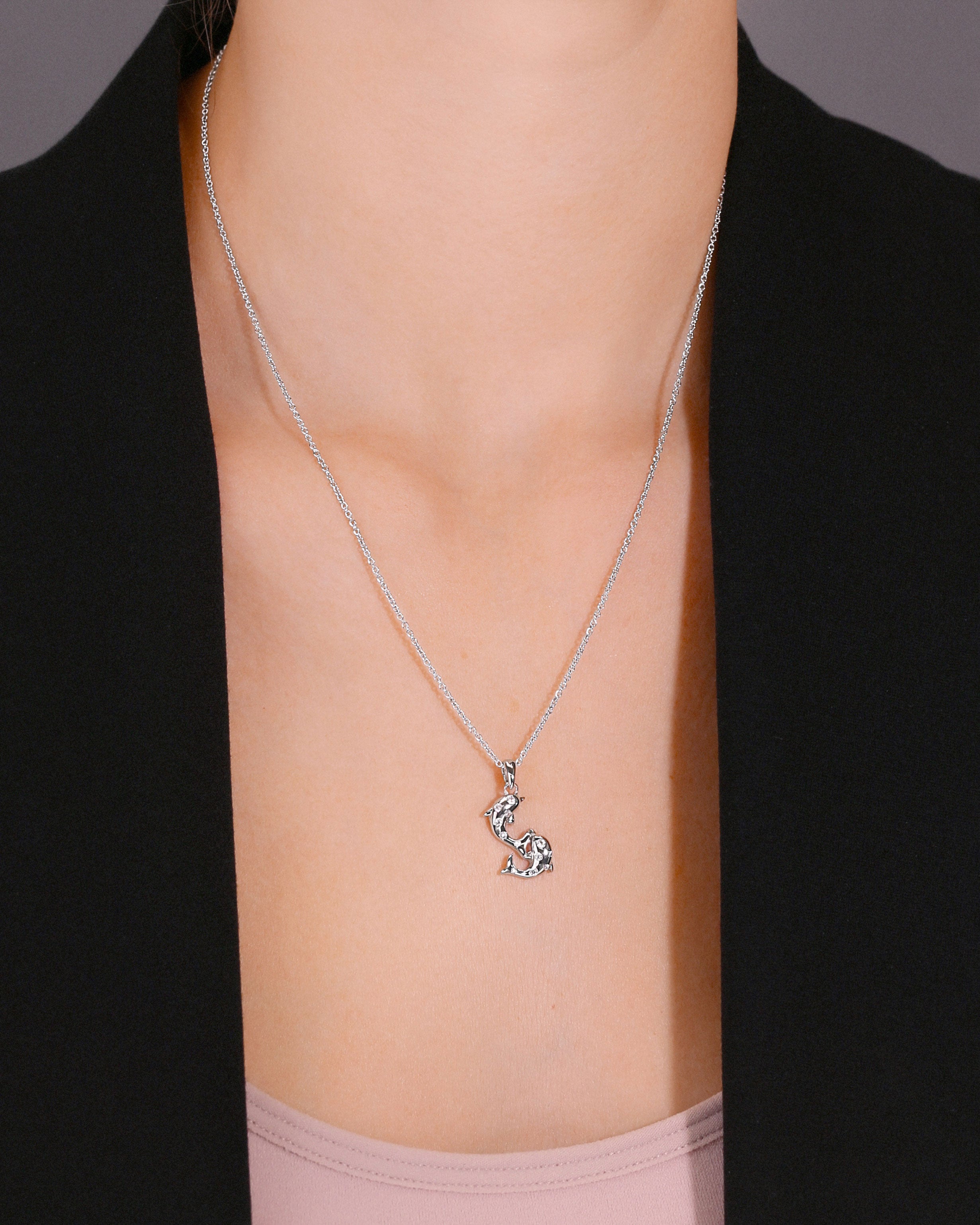 CZ Twin Dolphin Charm Necklace in Sterling Silver