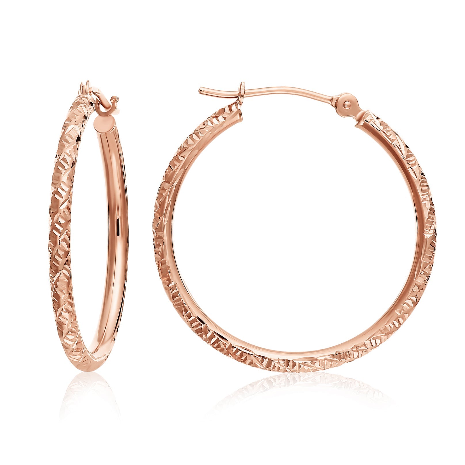 14k Rose Gold Tornado Diamond Cut Hoop Earrings. 2mm Thin