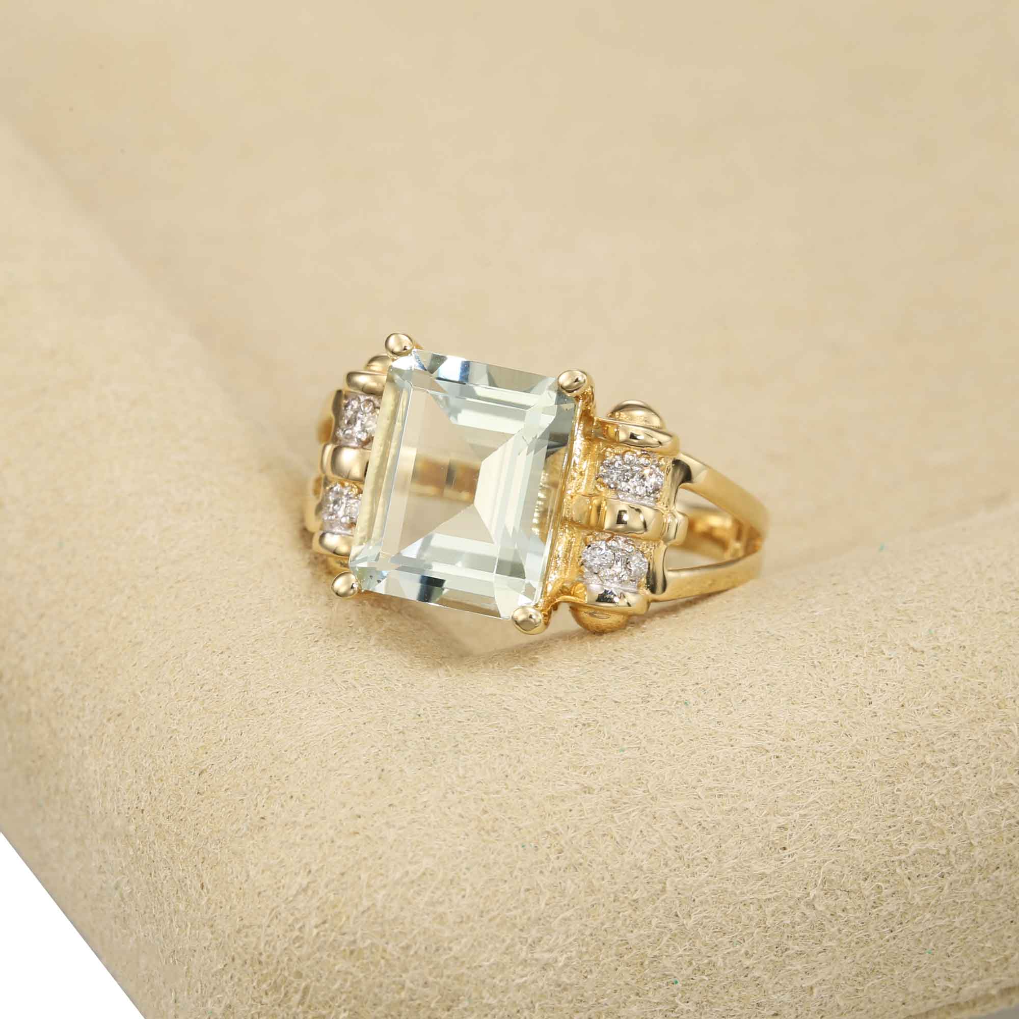 Natural Light Green Amethyst Gemstone Ring. 14k Gold Ring with  Natural Diamonds