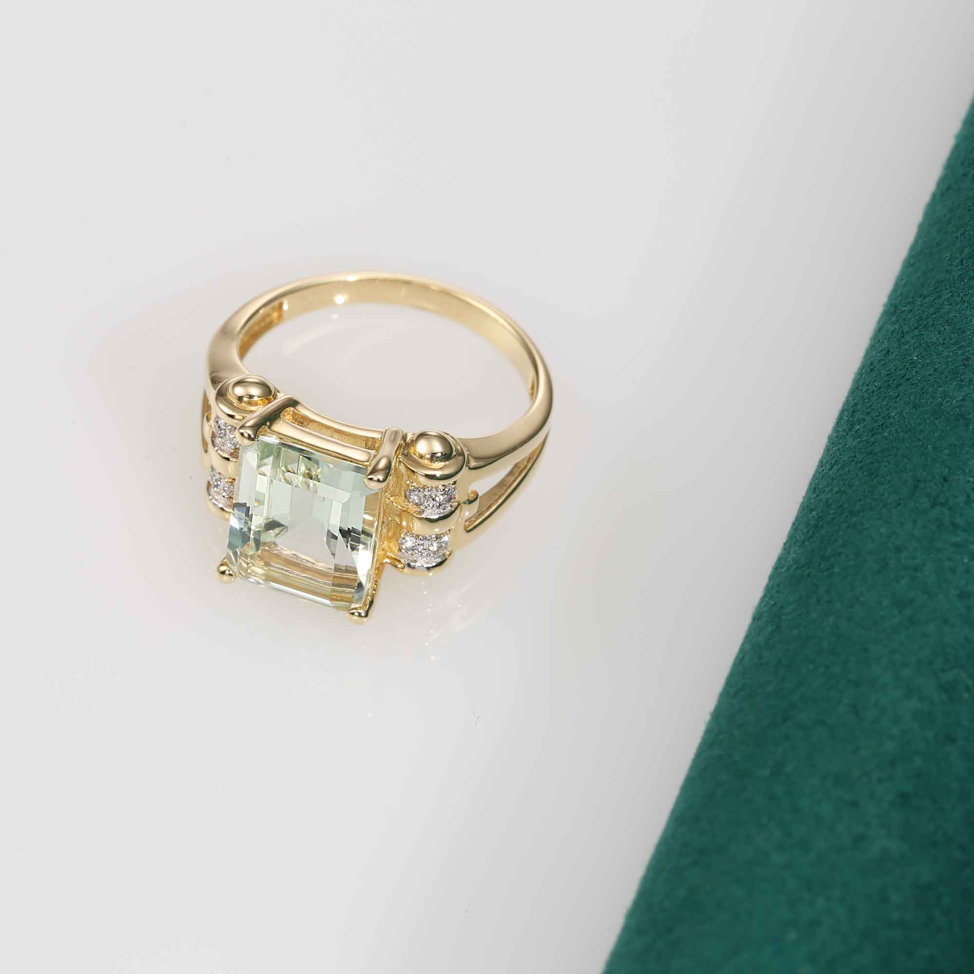 Natural Light Green Amethyst Gemstone Ring. 14k Gold Ring with  Natural Diamonds