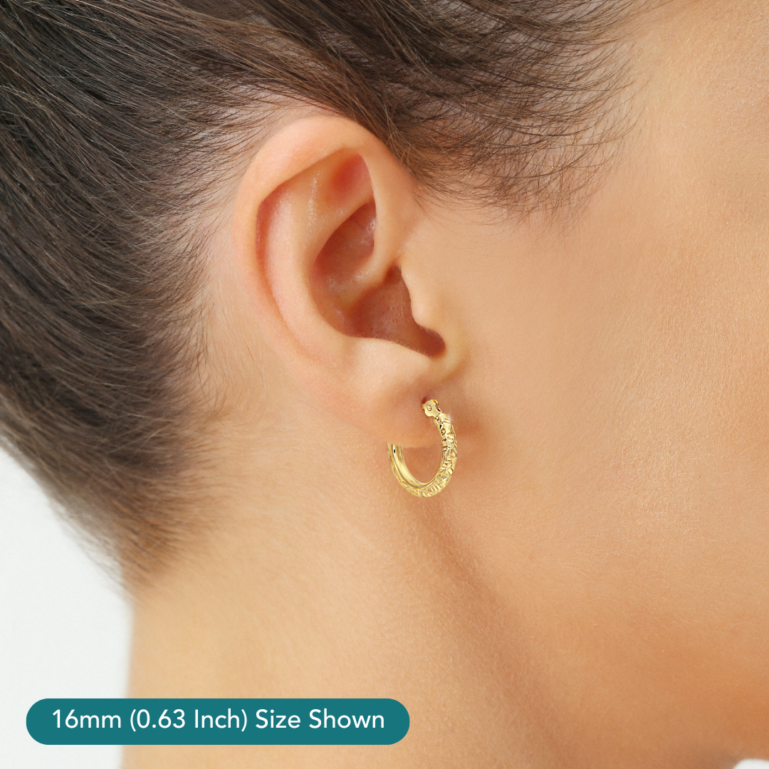 14K Solid Gold Tornado Hoop Earrings. Diamond-Cut & Hand Engraved Design. 3mm Thin