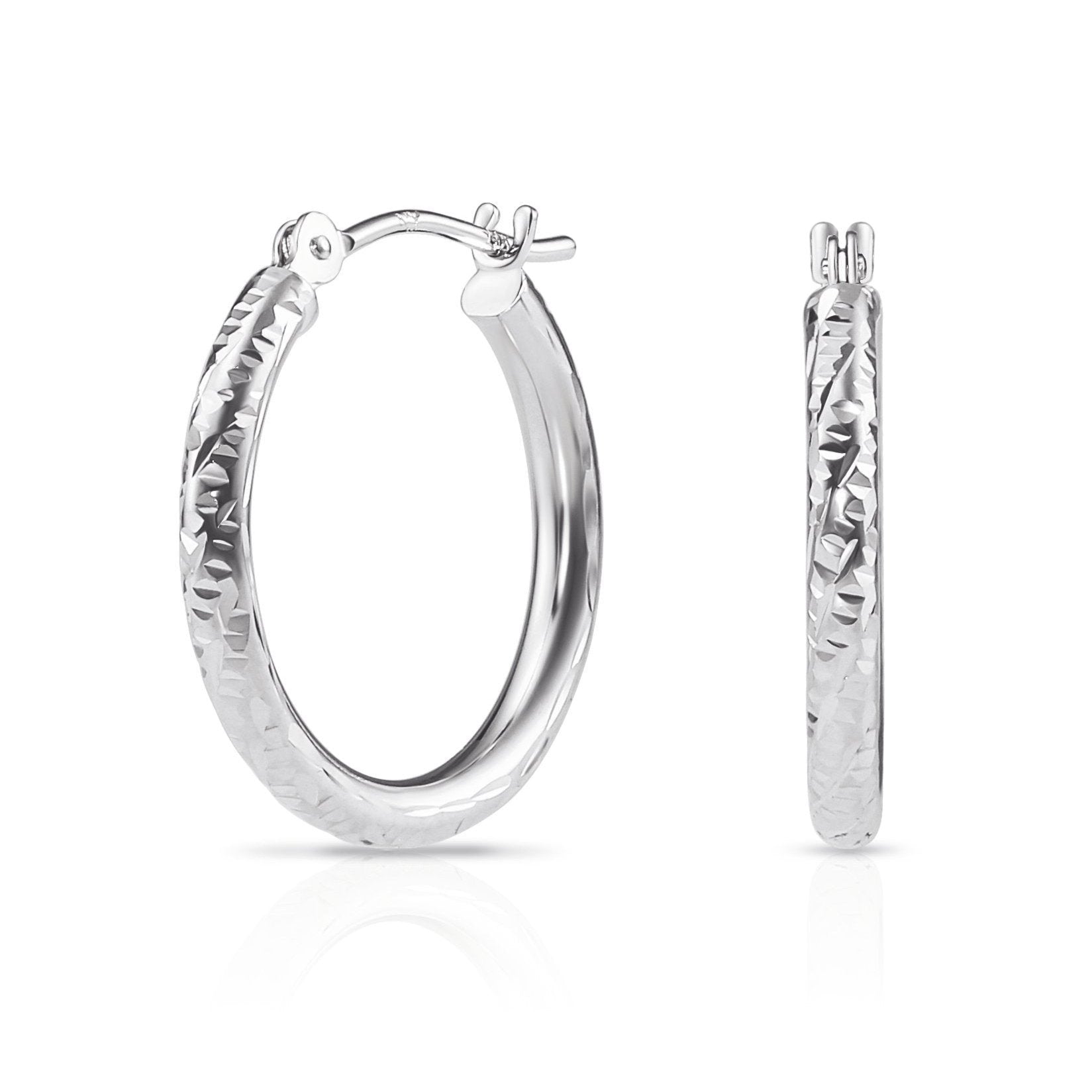 14K White Gold Hoop Earrings with Hand Engraved Tornado Design. 2mm Thin. All Sizes