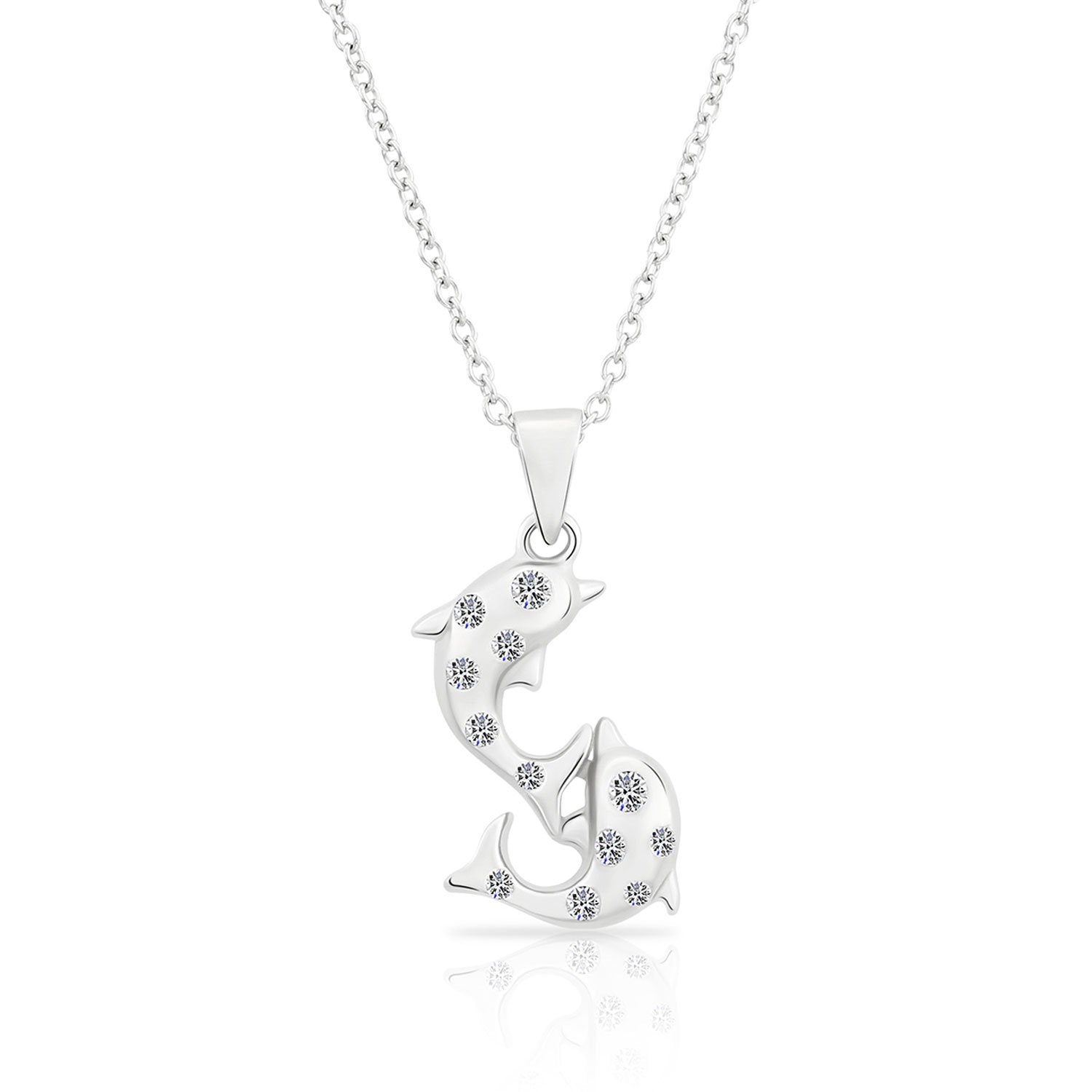 CZ Twin Dolphin Charm Necklace in Sterling Silver