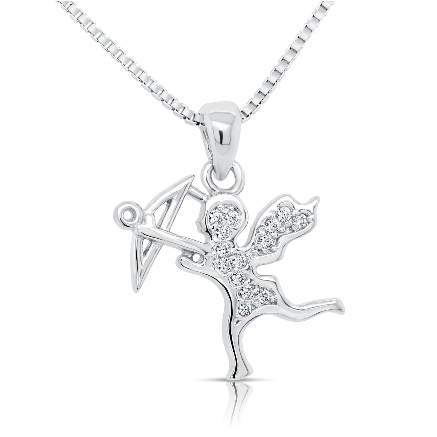 CZ Cupid Charm Necklace. Cherub Cupid in Sterling Silver