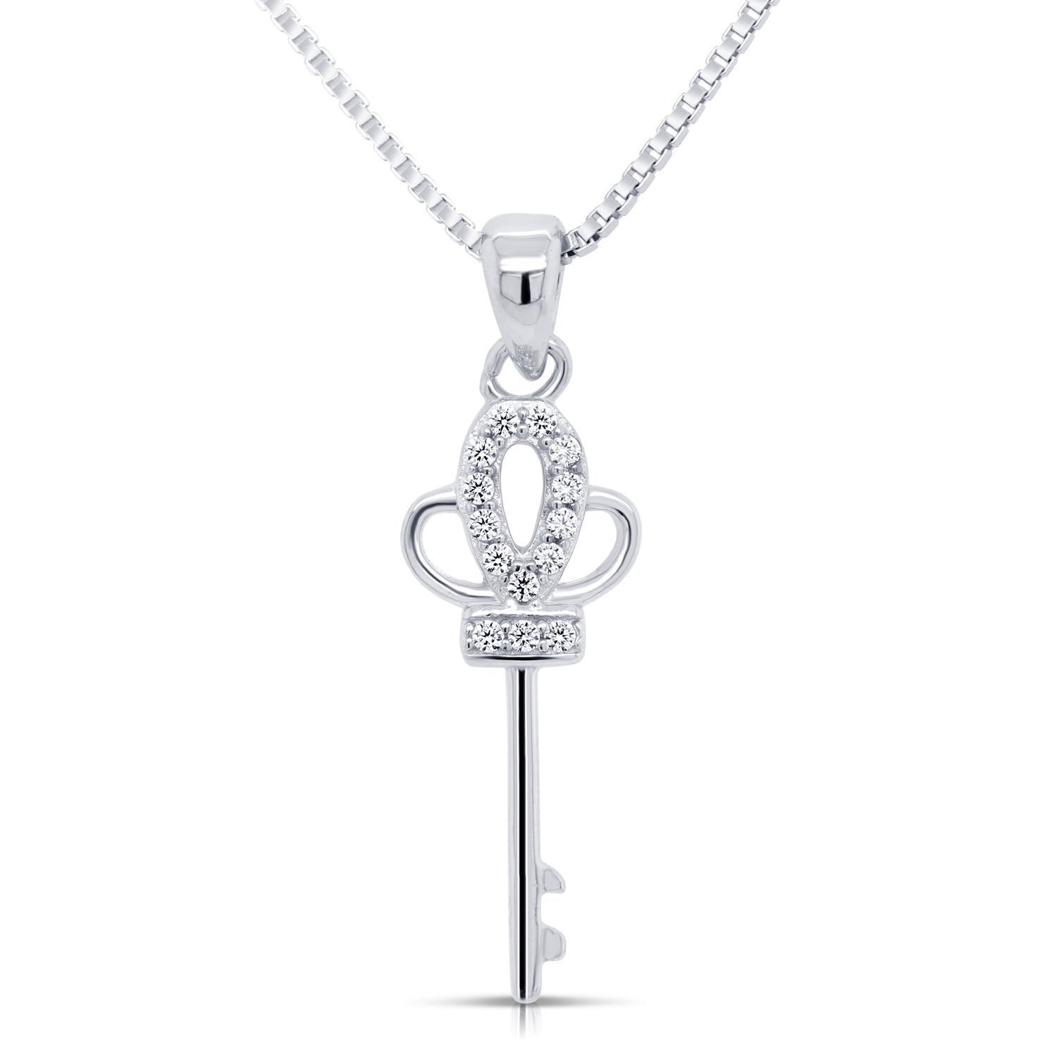 CZ Royal Key Charm Necklace in Sterling Silver