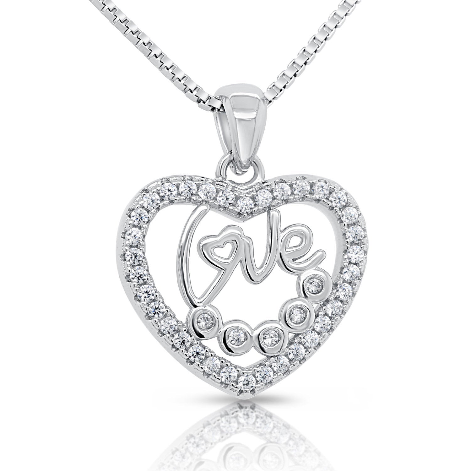 CZ Heart and Love Charm Necklace in Sterling Silver