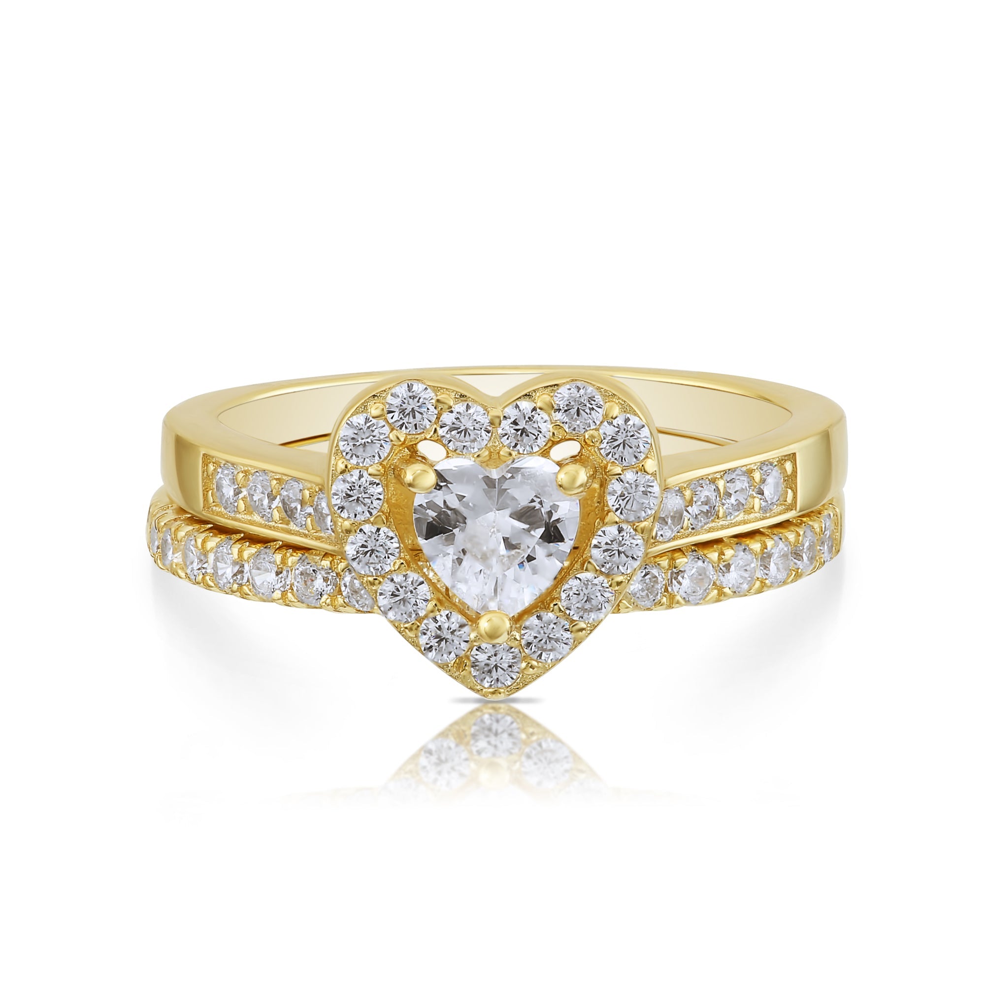 CZ Heart Engagement Ring Set. Gold Plated in Sterling Silver