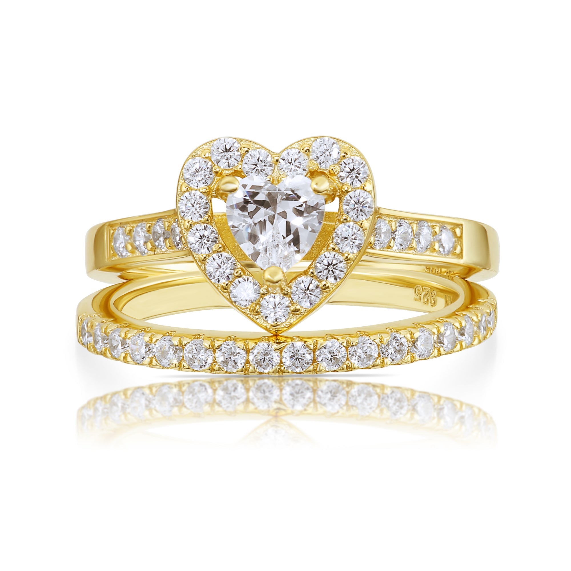 CZ Heart Engagement Ring Set. Gold Plated in Sterling Silver