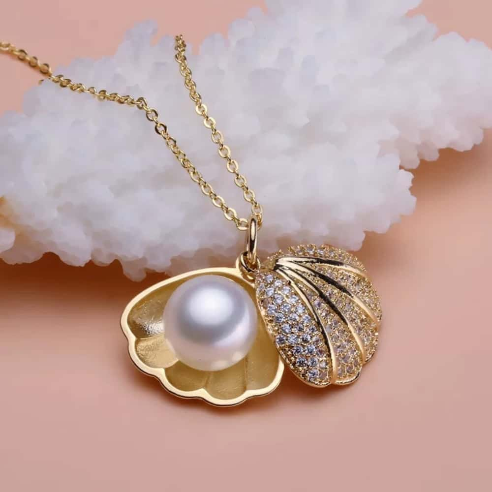 14K Gold Shell Pearl Necklace with Crystal Zircon