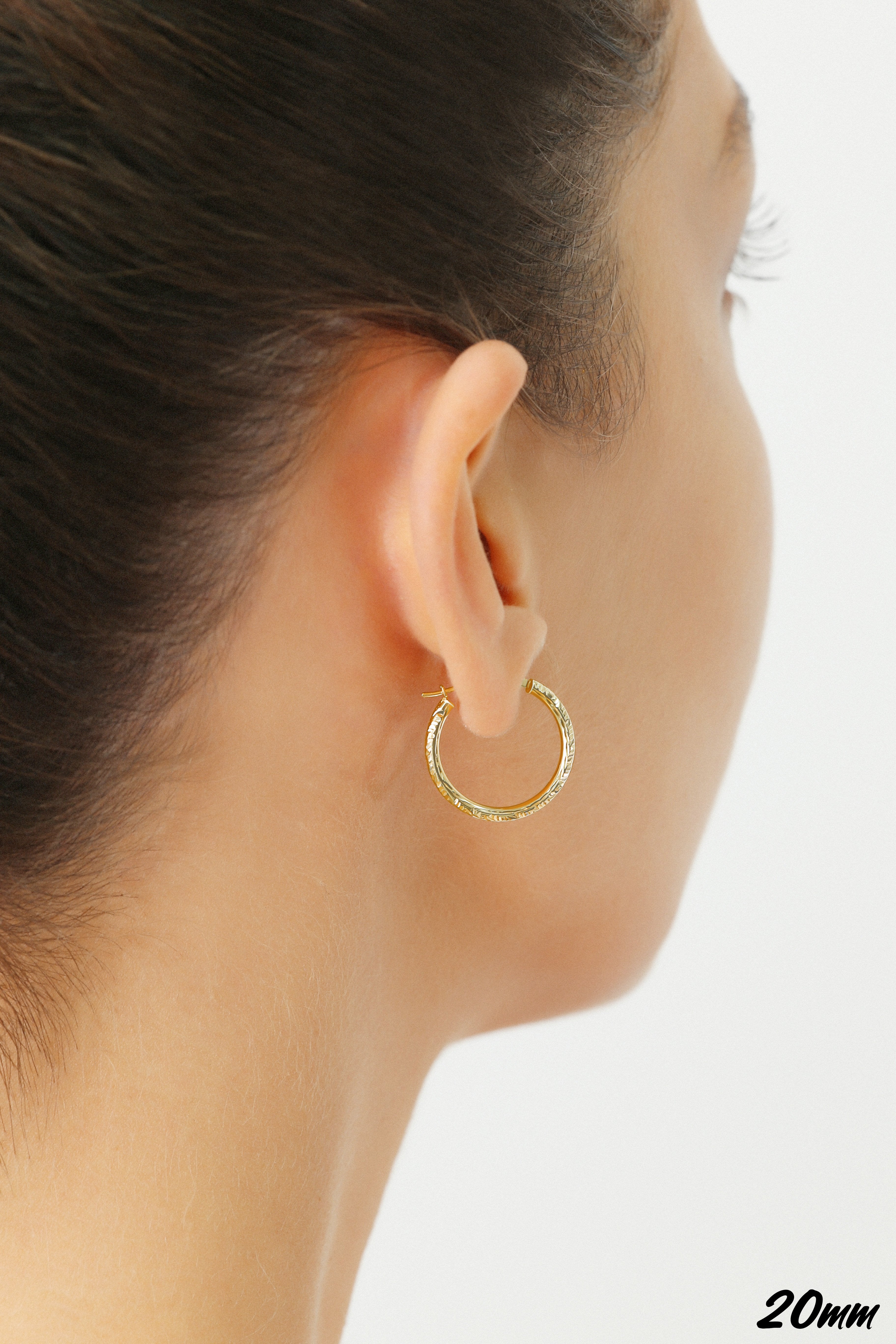 14K Yellow Gold Hoop Earrings with Hand Engraved Tornado Design. 2mm Thin. All Sizes