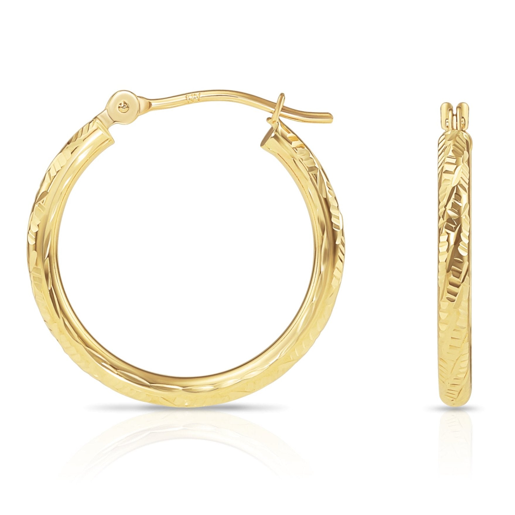 14K Yellow Gold Hoop Earrings with Hand Engraved Tornado Design. 2mm Thin. All Sizes