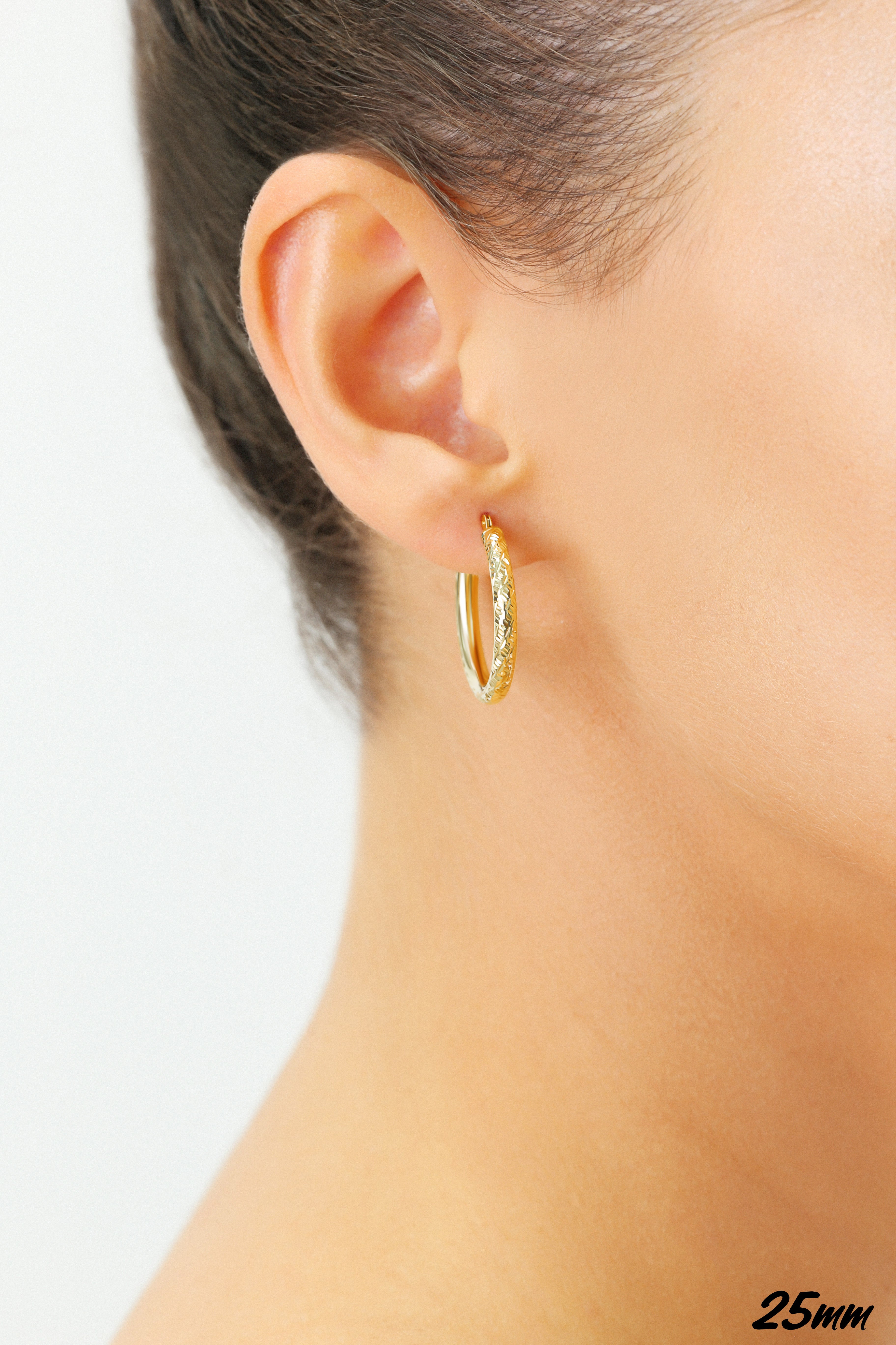 14K Solid Gold Tornado Hoop Earrings. Diamond-Cut & Hand Engraved Design. 3mm Thin