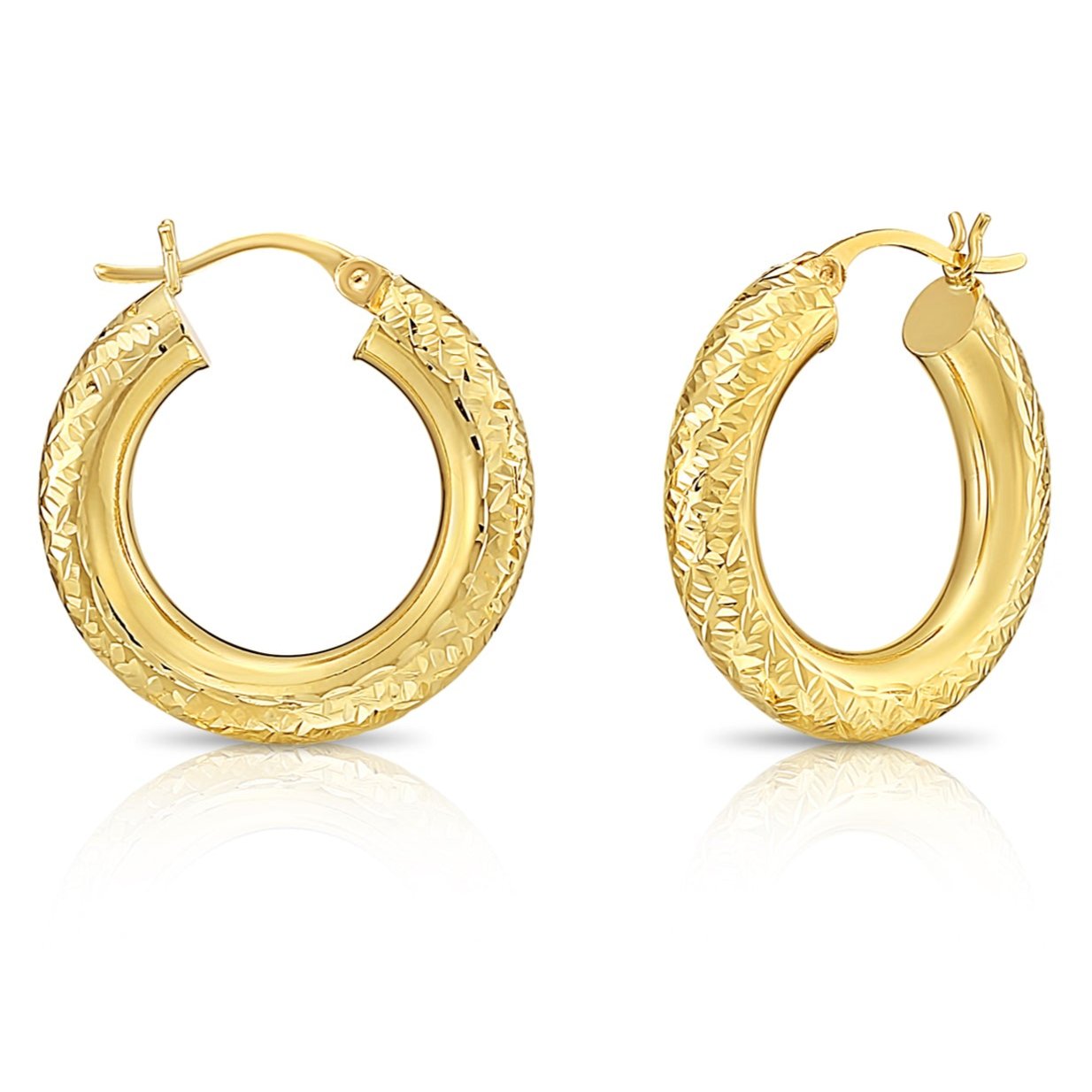 14k Yellow Gold Tornado Diamond Cut Hoop Earrings. 5mm Thin