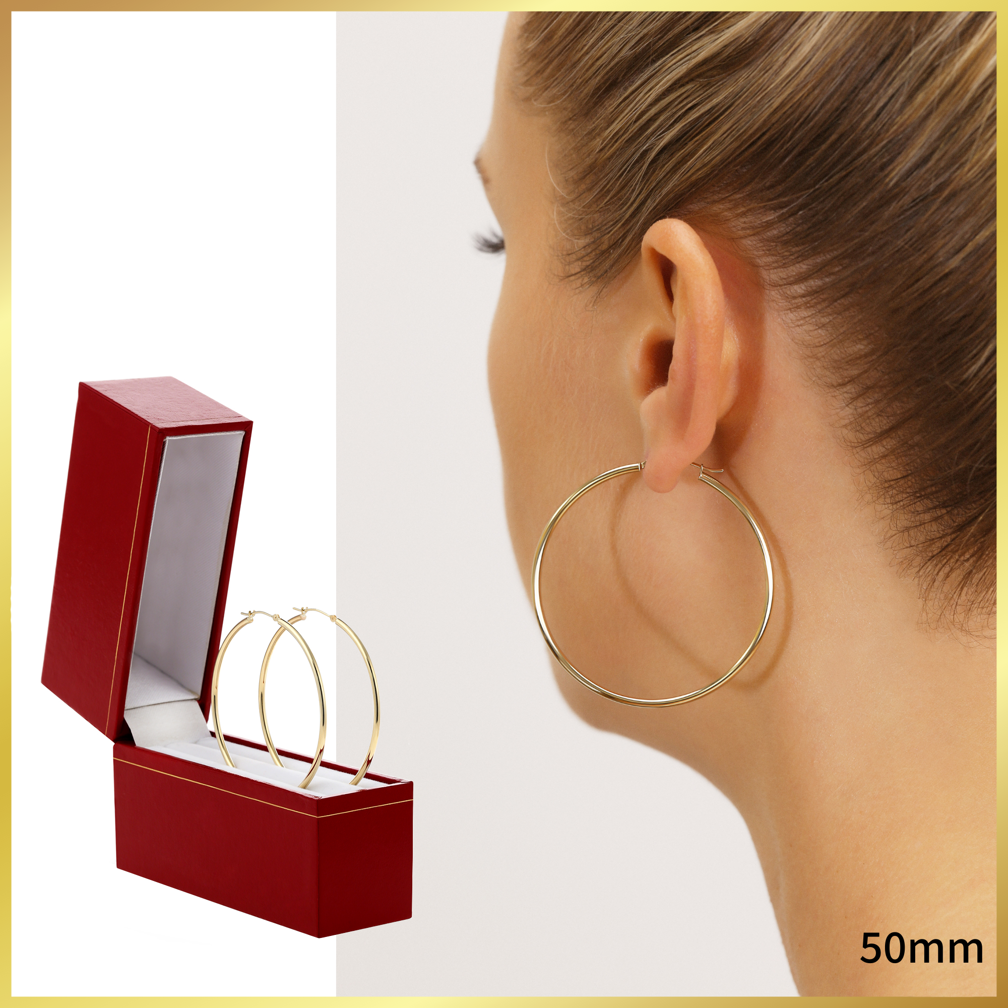 10K Yellow Gold Classic Round Hoop Earrings. 2mm Thin. All Sizes Available