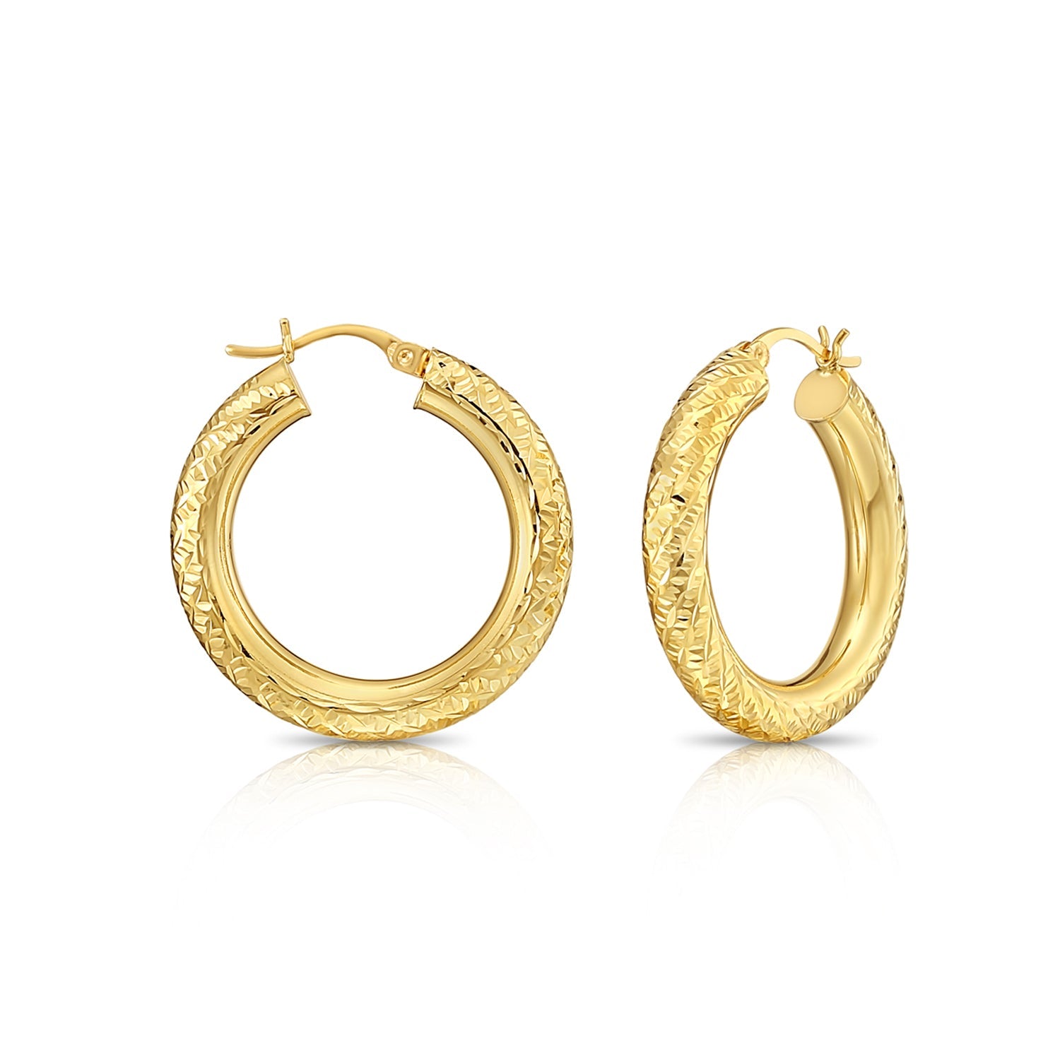 14k Yellow Gold Tornado Diamond Cut Hoop Earrings. 5mm Thin