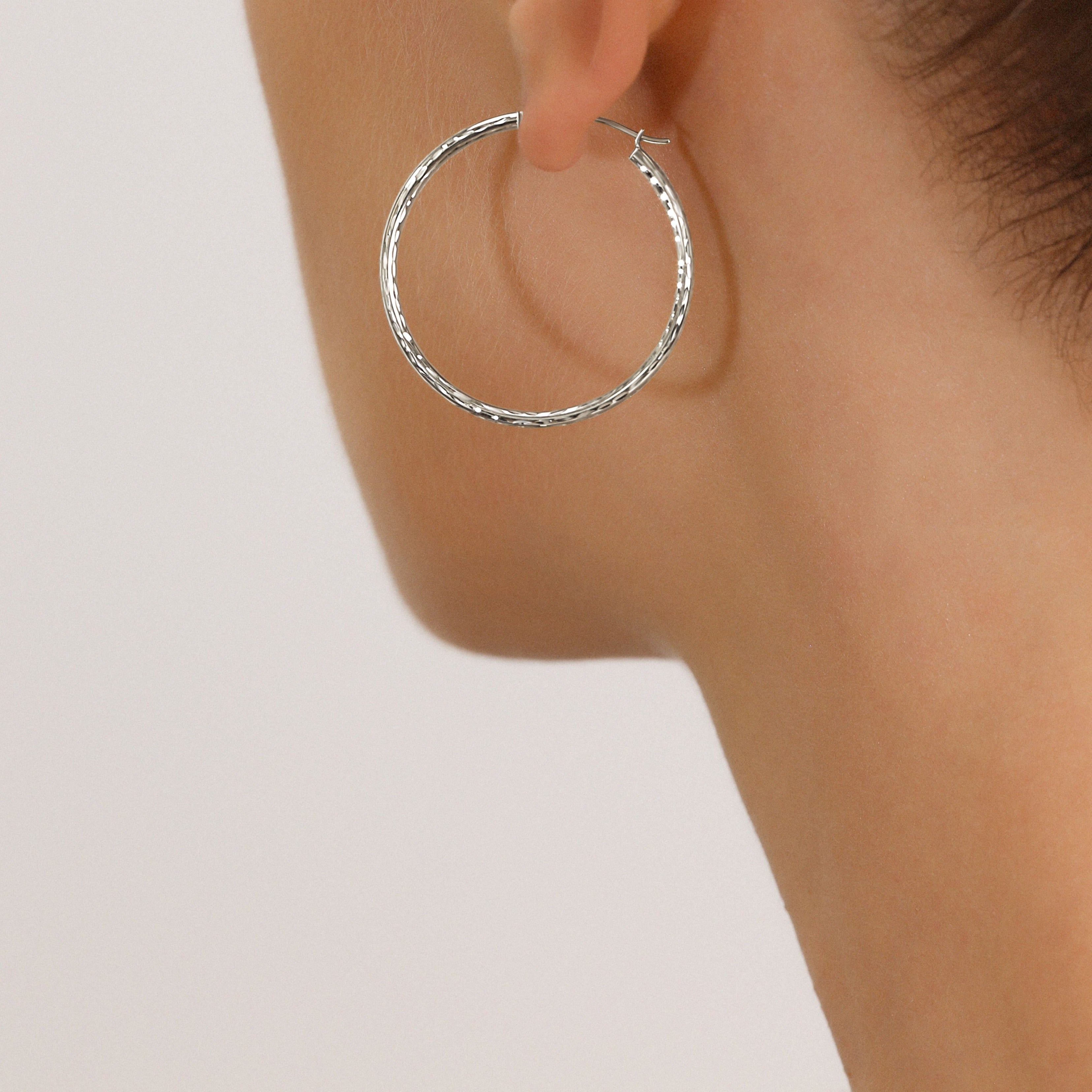 14k White Gold All Around Diamond Cut Hoop Earrings