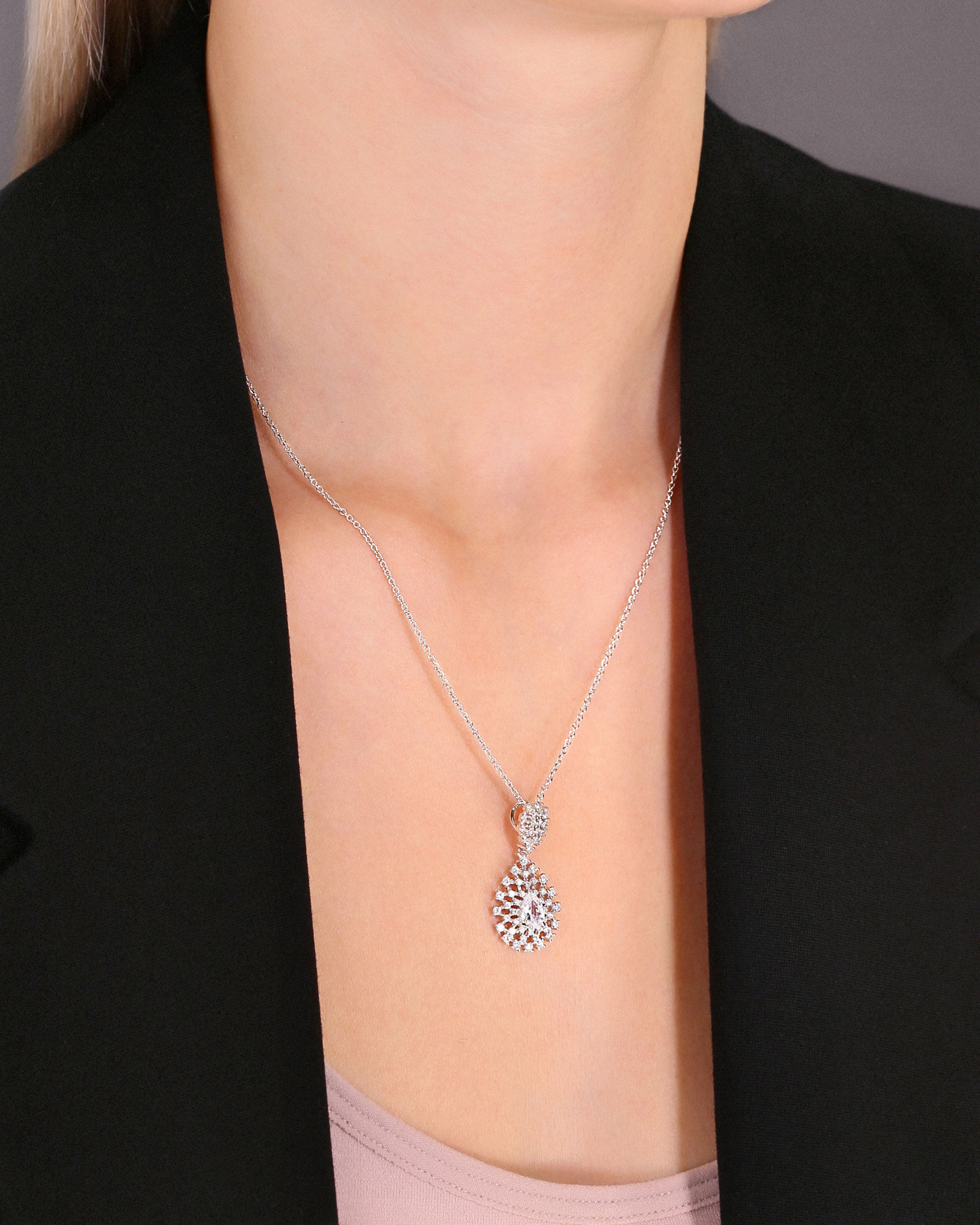 CZ Royal Teardrop Charm Necklace. Bridal Jewelry. Boho Style in Sterling Silver