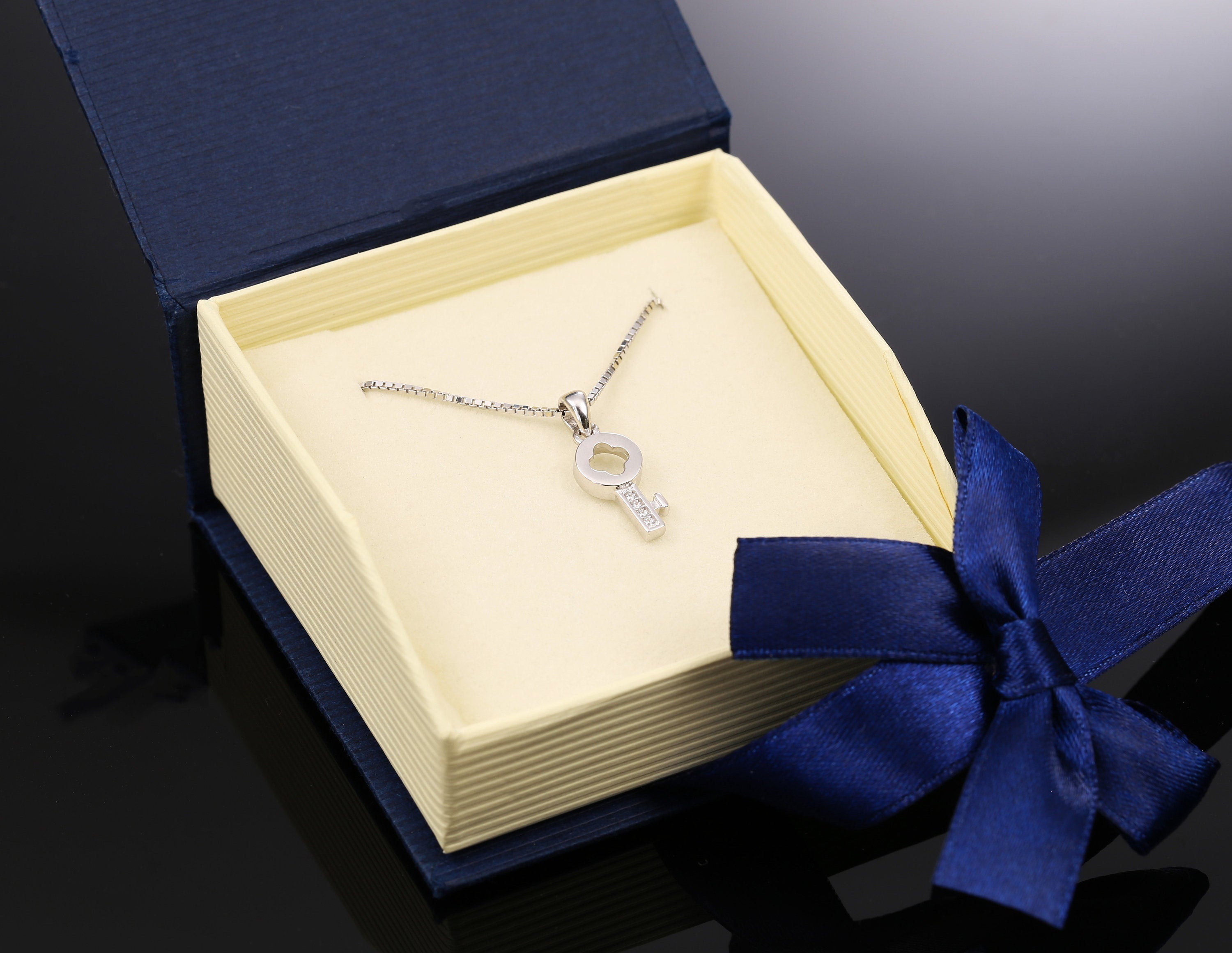 CZ Tiny Key Charm Necklace in Sterling Silver