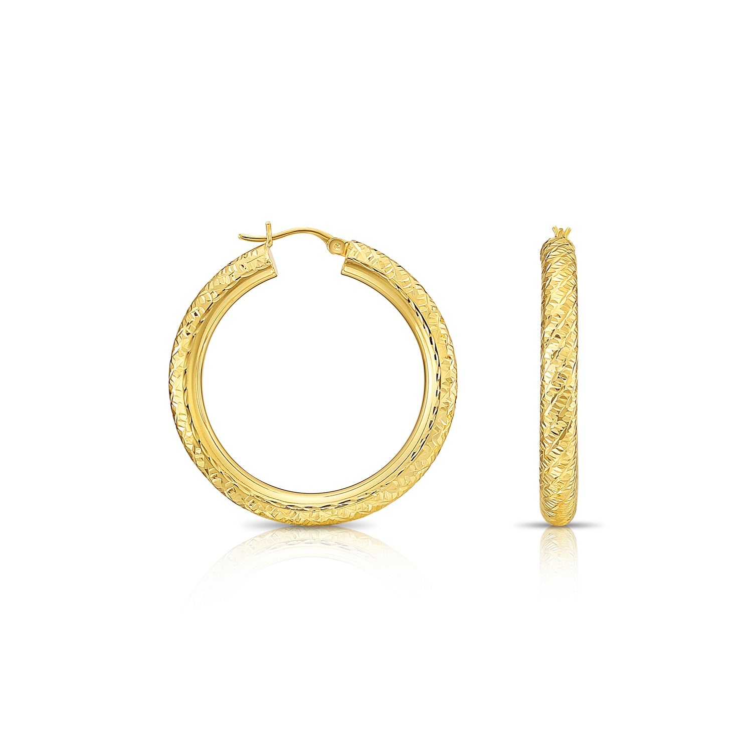 14k Yellow Gold Tornado Diamond Cut Hoop Earrings. 5mm Thin