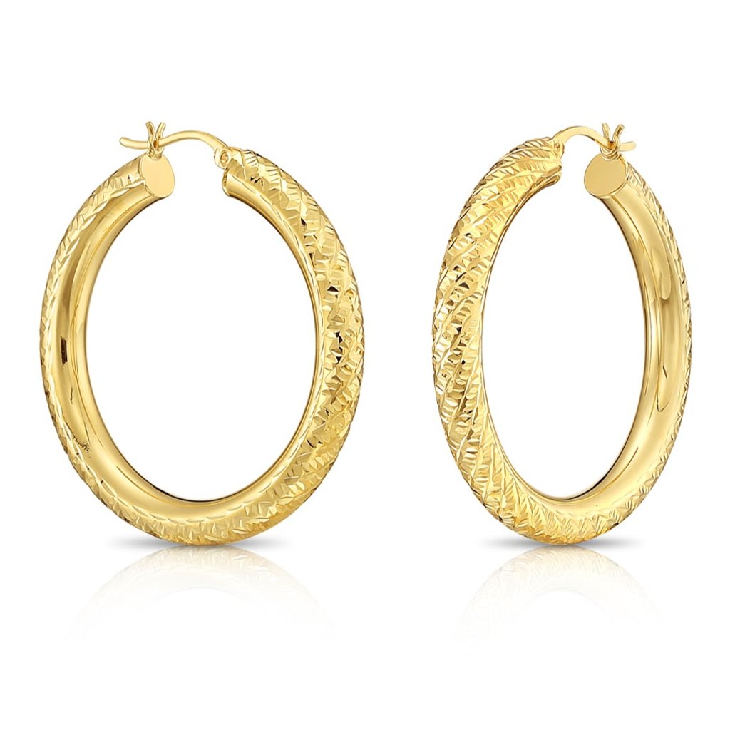 14k Yellow Gold Tornado Diamond Cut Hoop Earrings. 4mm Thin