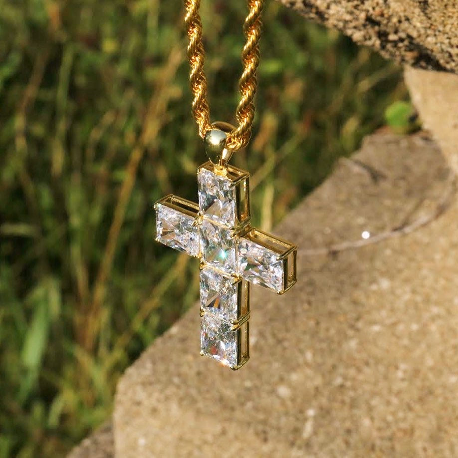 CZ Large Mens Cross Charm Necklace in Sterling Silver