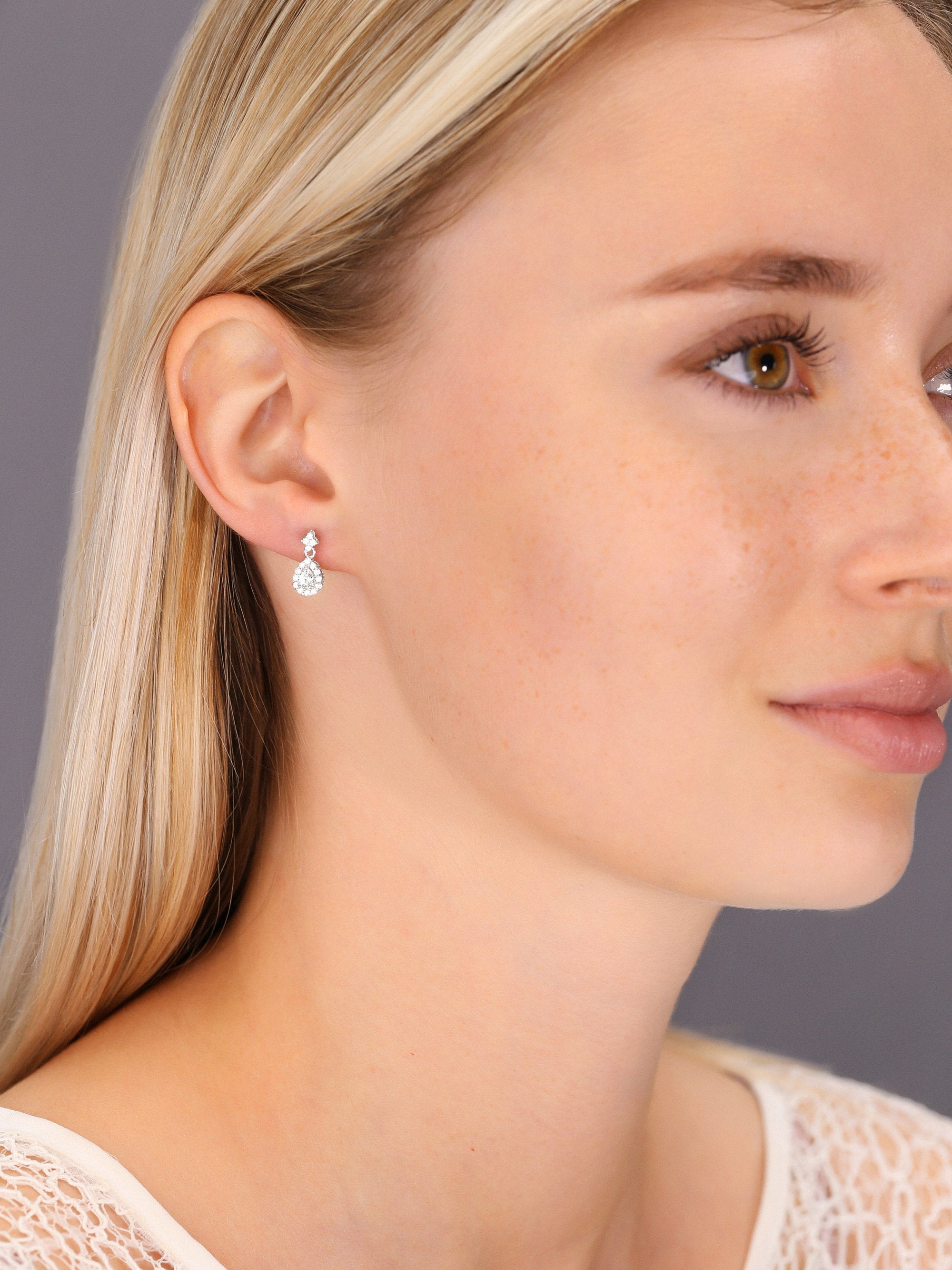 CZ Teardrop Dangle Stud Earrings in Sterling Silver