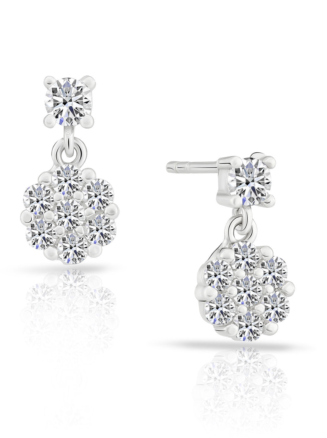 CZ Flower Dangle Stud Earrings in Sterling Silver