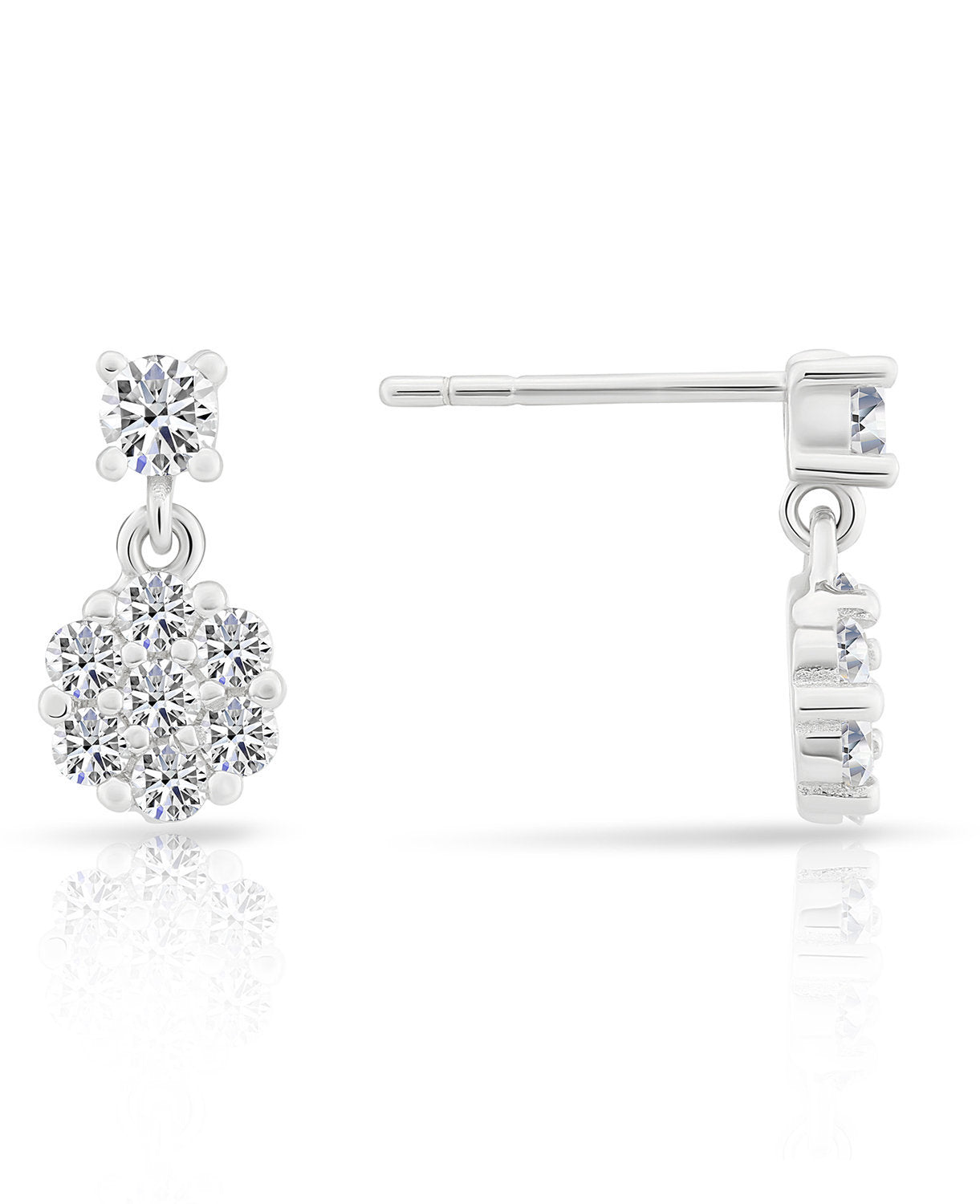 CZ Flower Dangle Stud Earrings in Sterling Silver