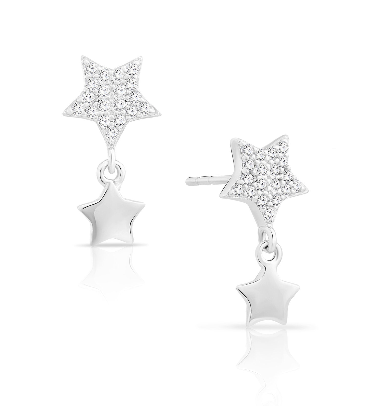 CZ Double Star Dangle Stud Earrings in Sterling Silver