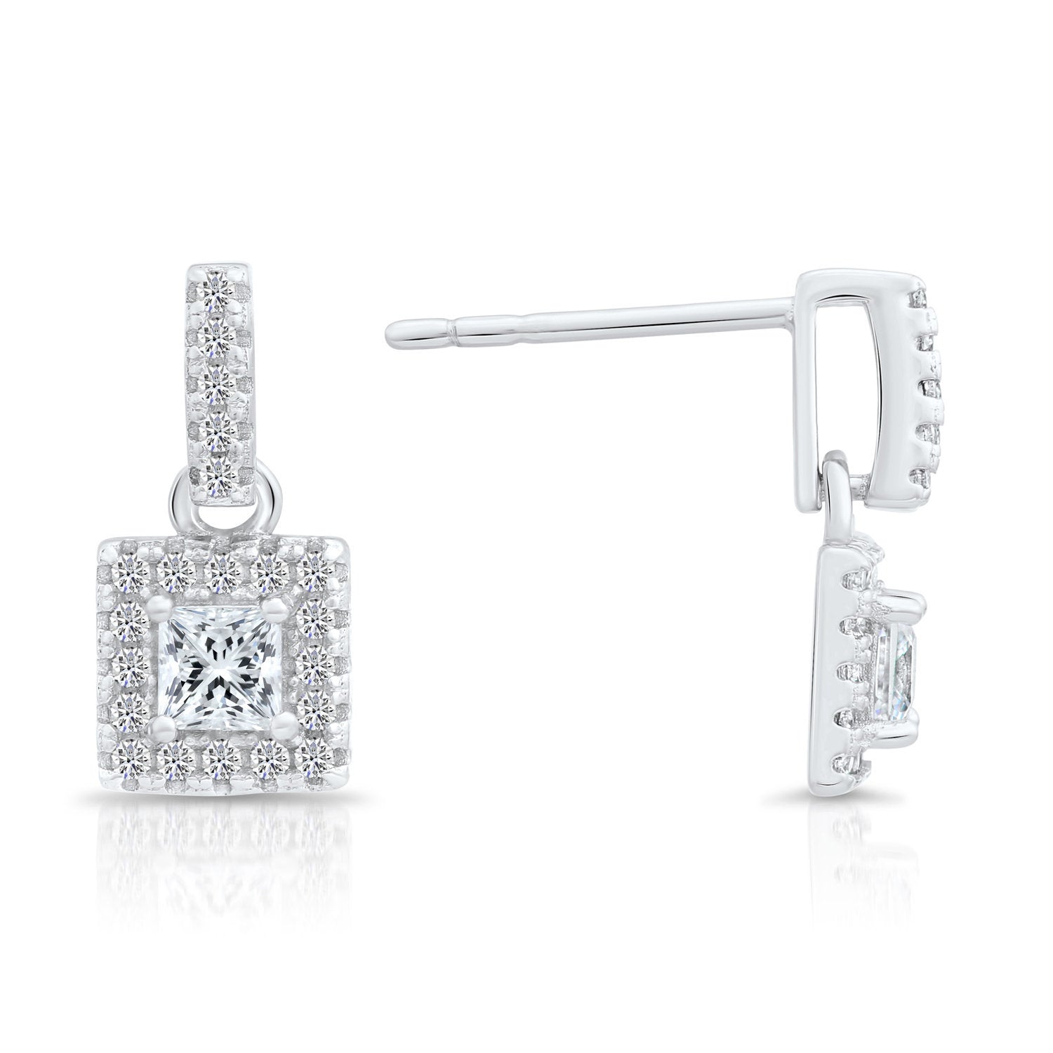 CZ Square Princess Dangle Stud Earrings in Sterling Silver