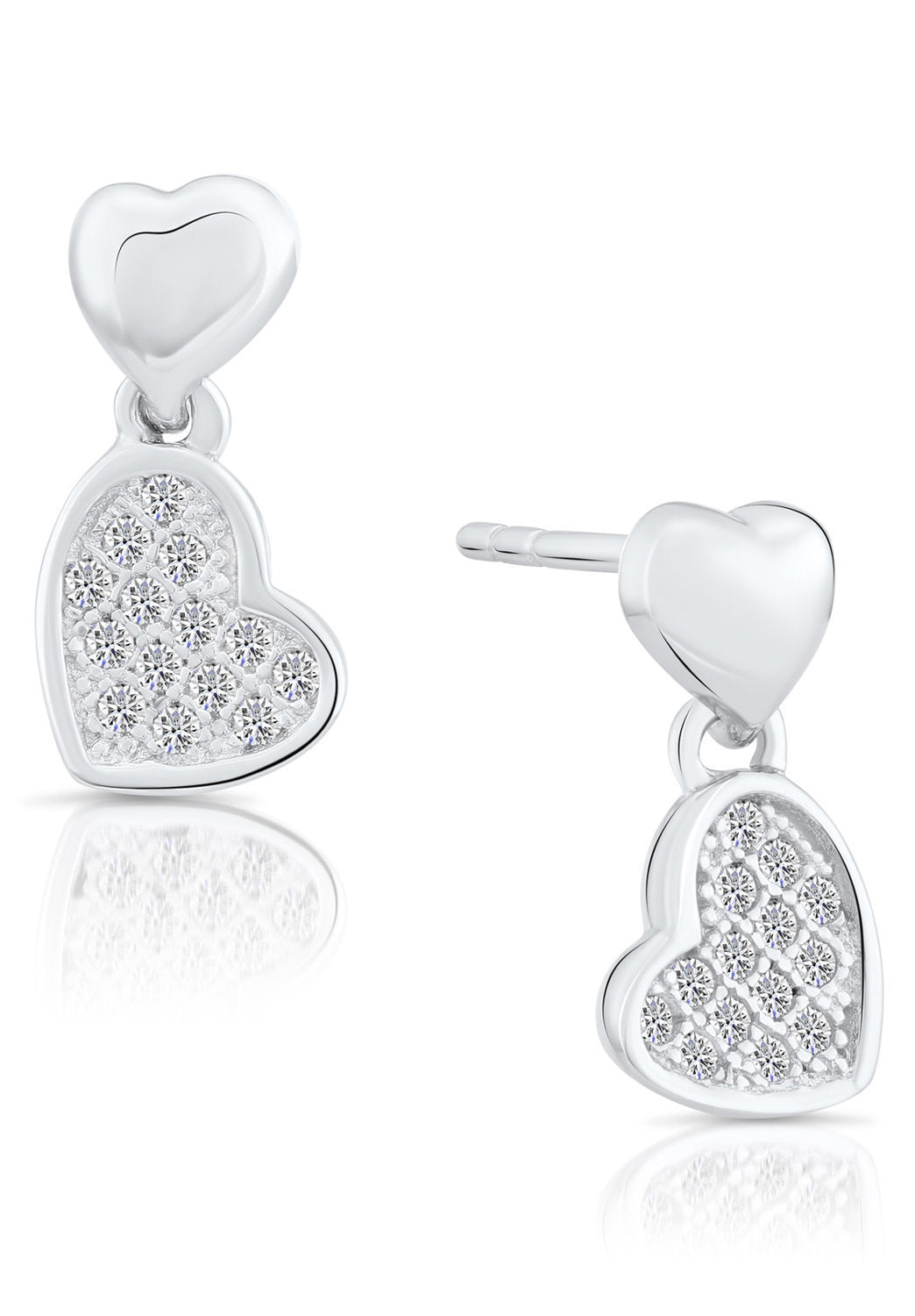 CZ Double Heart Dangle Stud Earrings in Sterling Silver