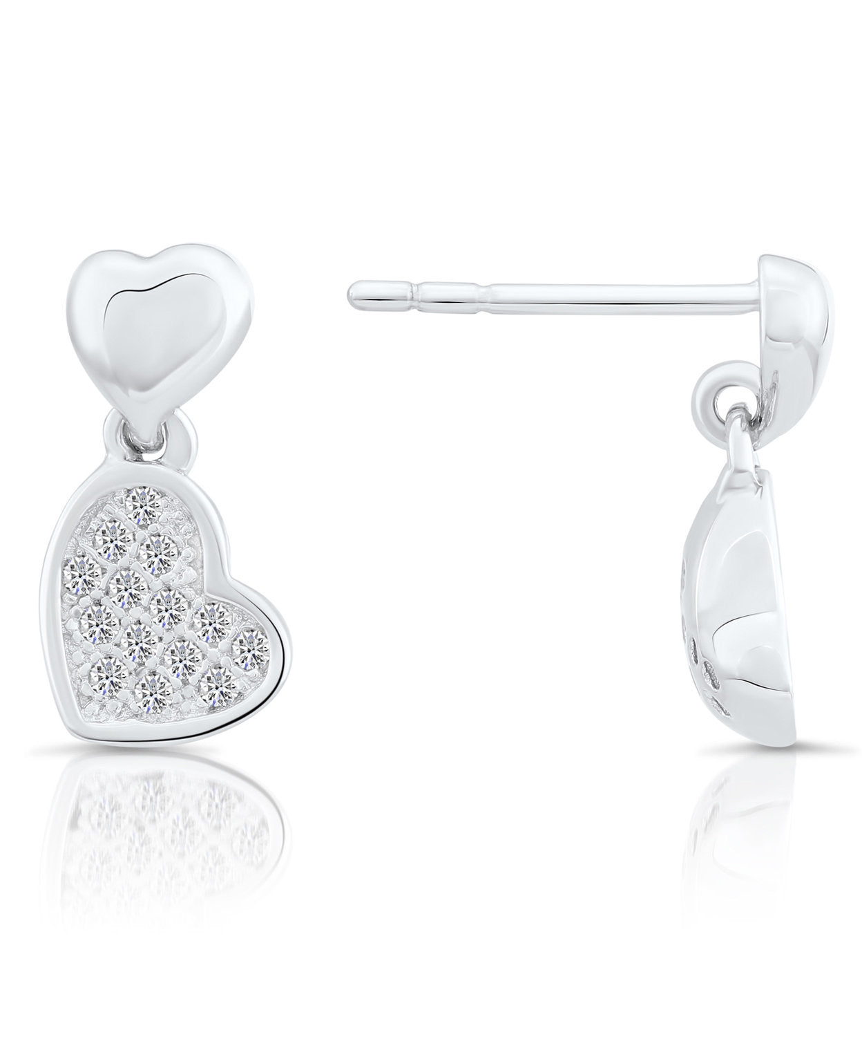 CZ Double Heart Dangle Stud Earrings in Sterling Silver