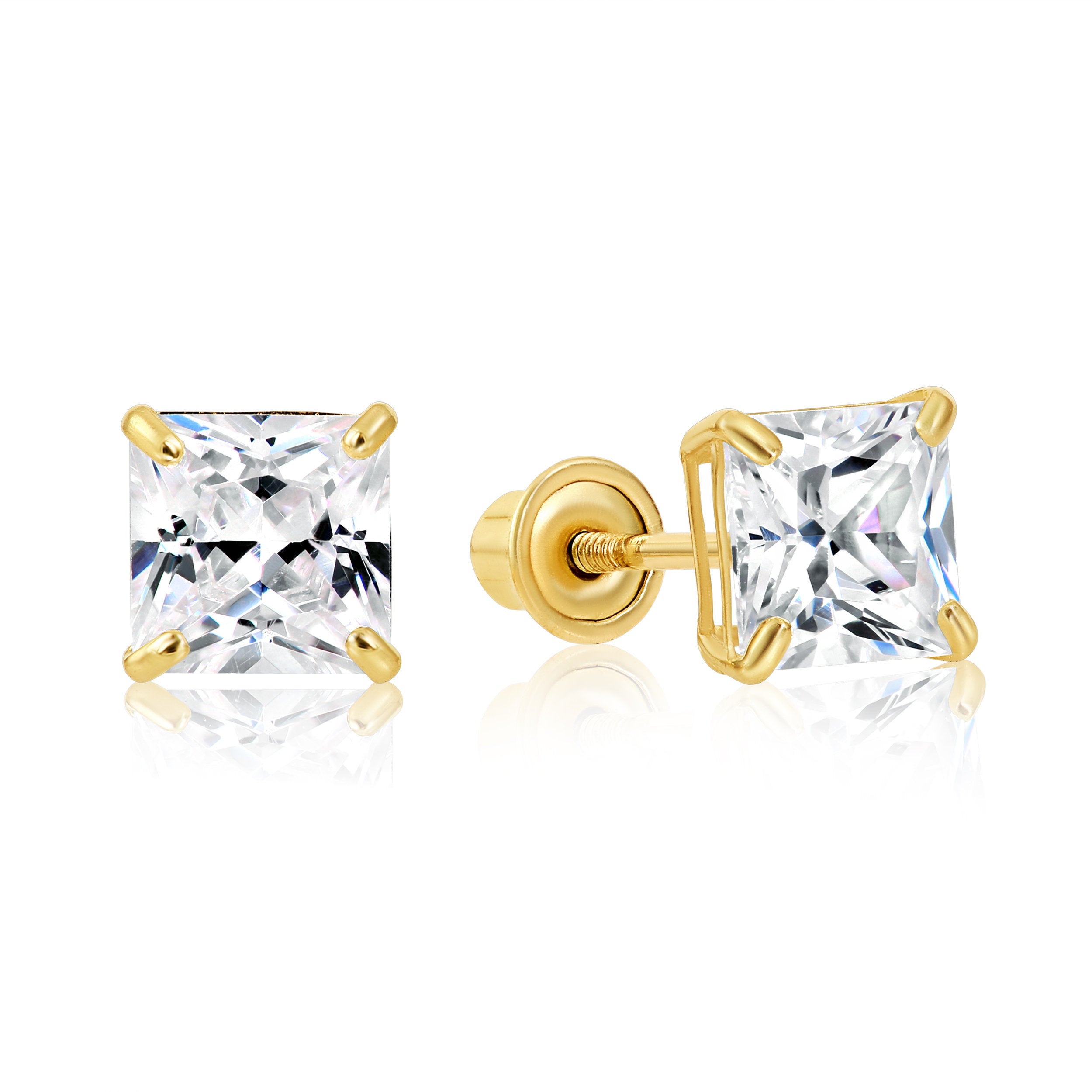 14k Yellow Gold Square Zirconia Stud Earrings. Screwback (Unisex)