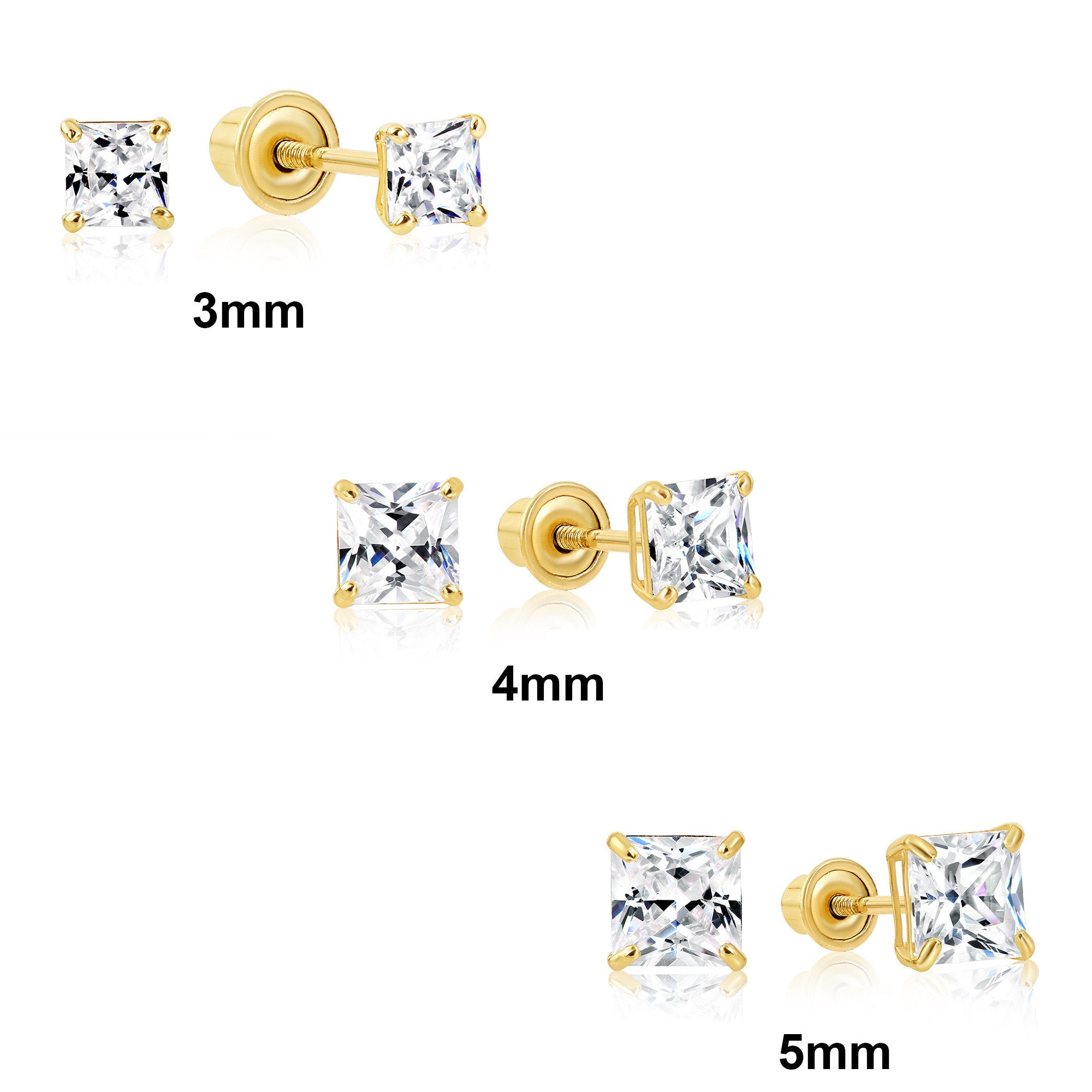 14k Yellow Gold Square Zirconia Stud Earrings. Screwback (Unisex)