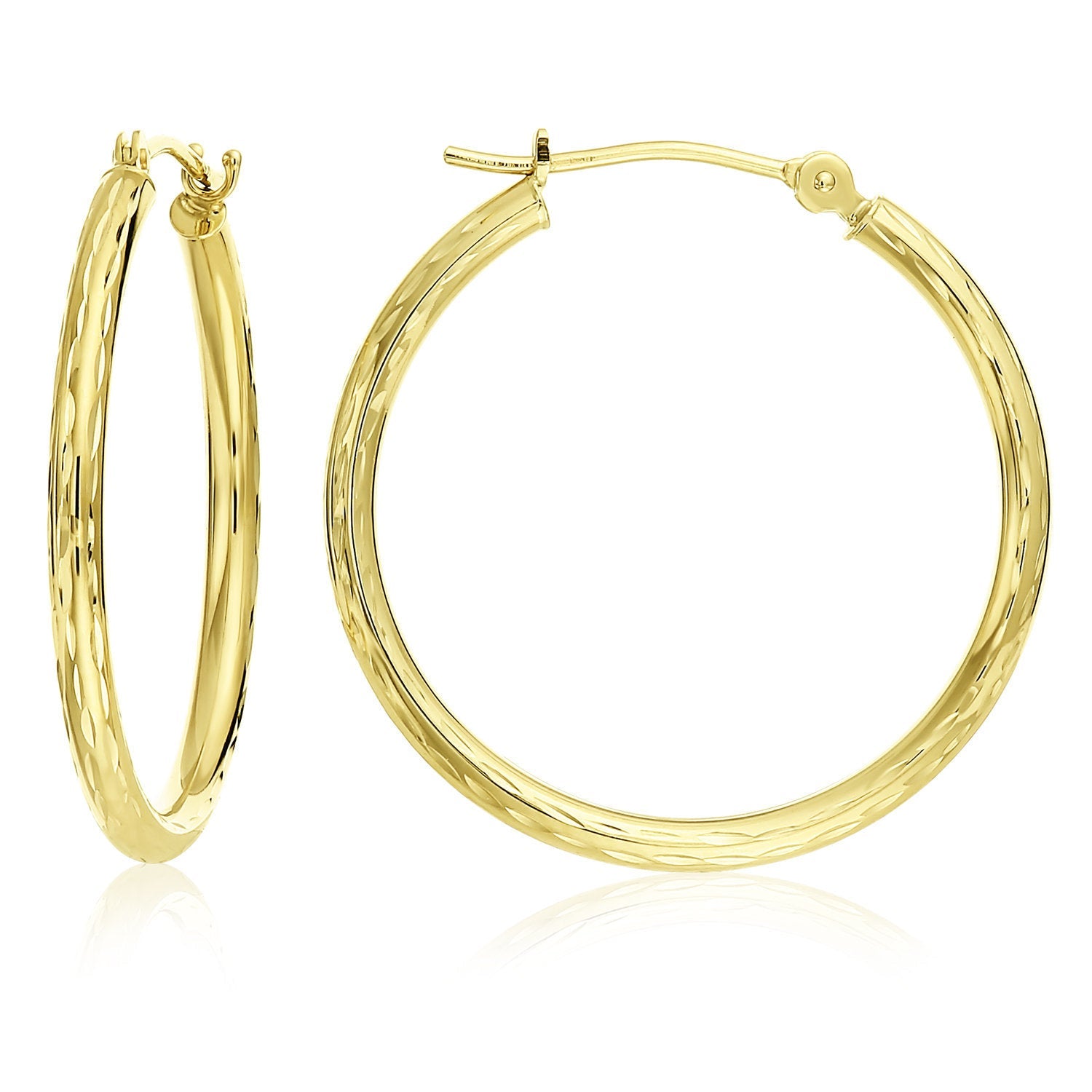 14k Yellow Gold All Around Diamond Cut Hoop Earrings